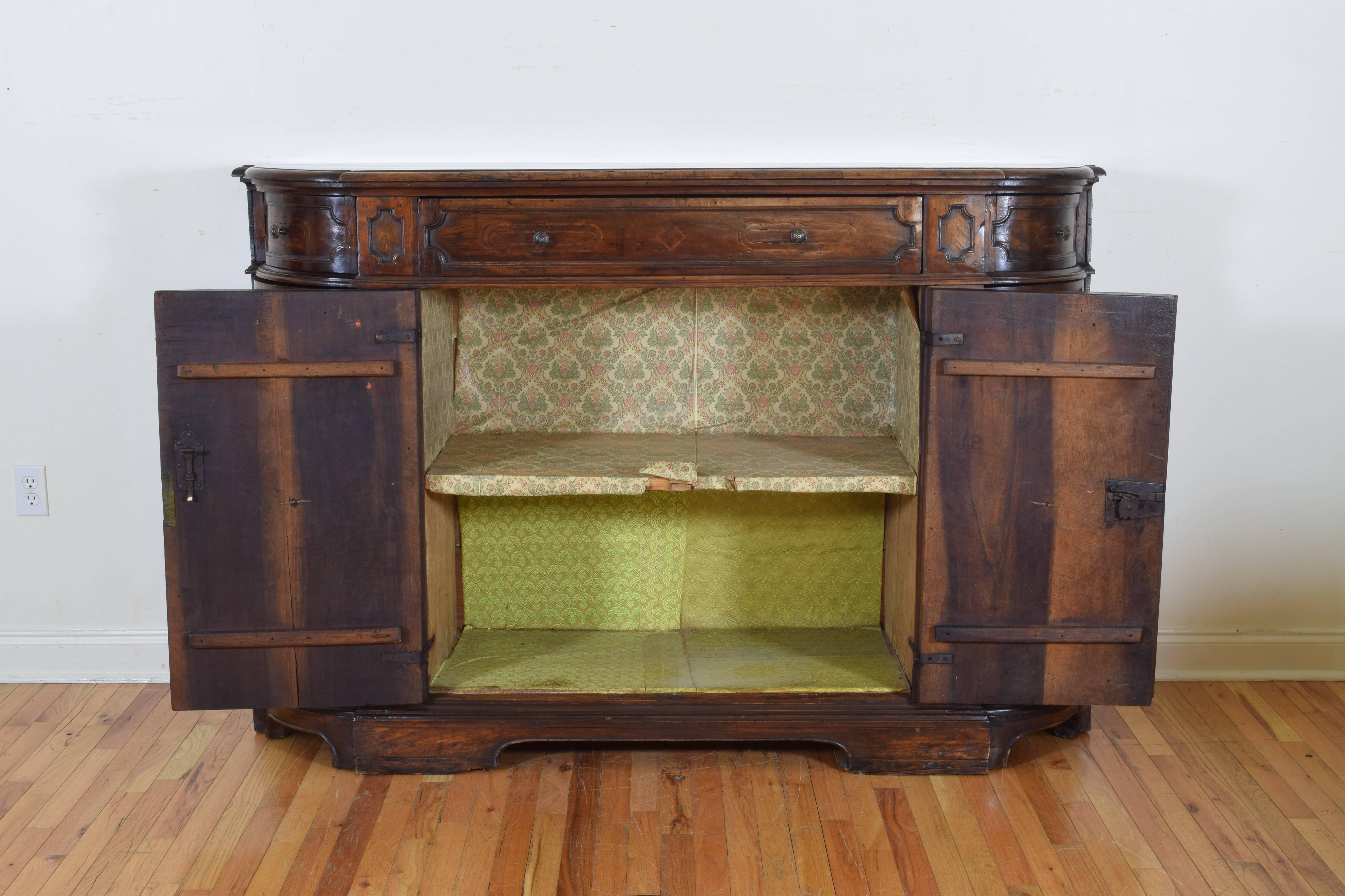 Italian Three-Drawer, Four-Door Walnut and Inlaid Credenza In Excellent Condition In Atlanta, GA