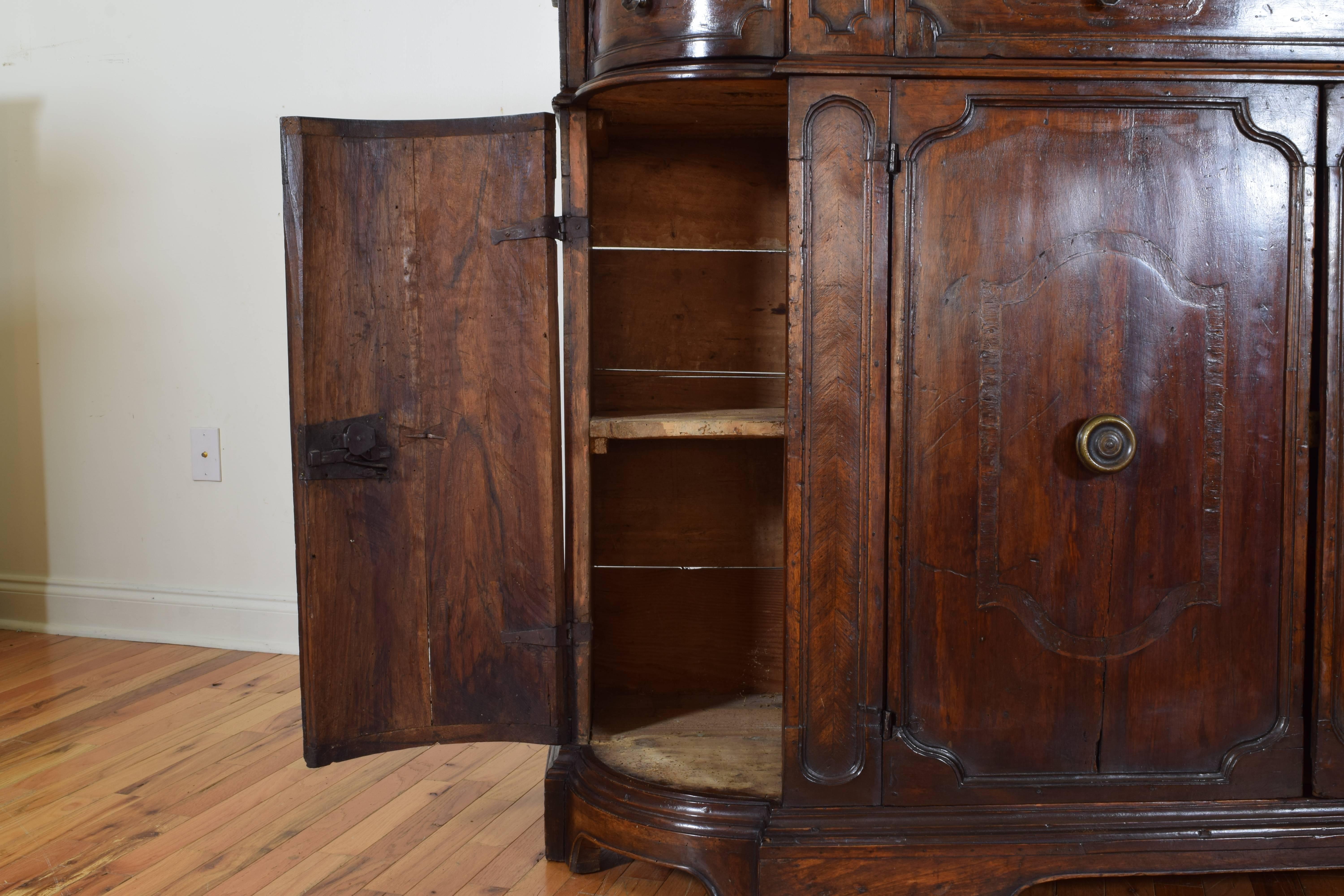 Early 18th Century Italian Three-Drawer, Four-Door Walnut and Inlaid Credenza