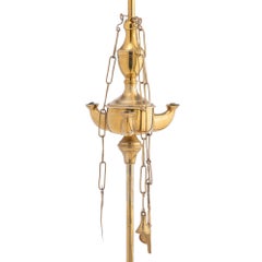 Italian 3 spout brass oil lamp with wick implements, 1790