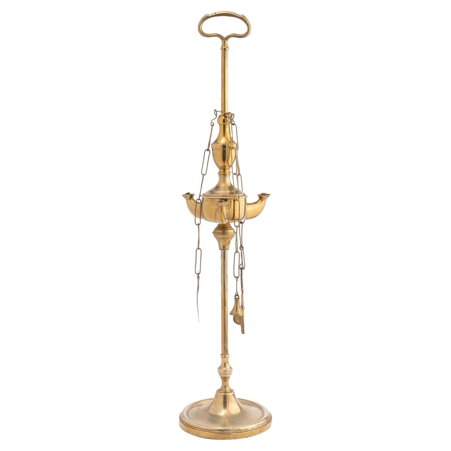 Italian 3 spout brass oil lamp with wick implements, 1790