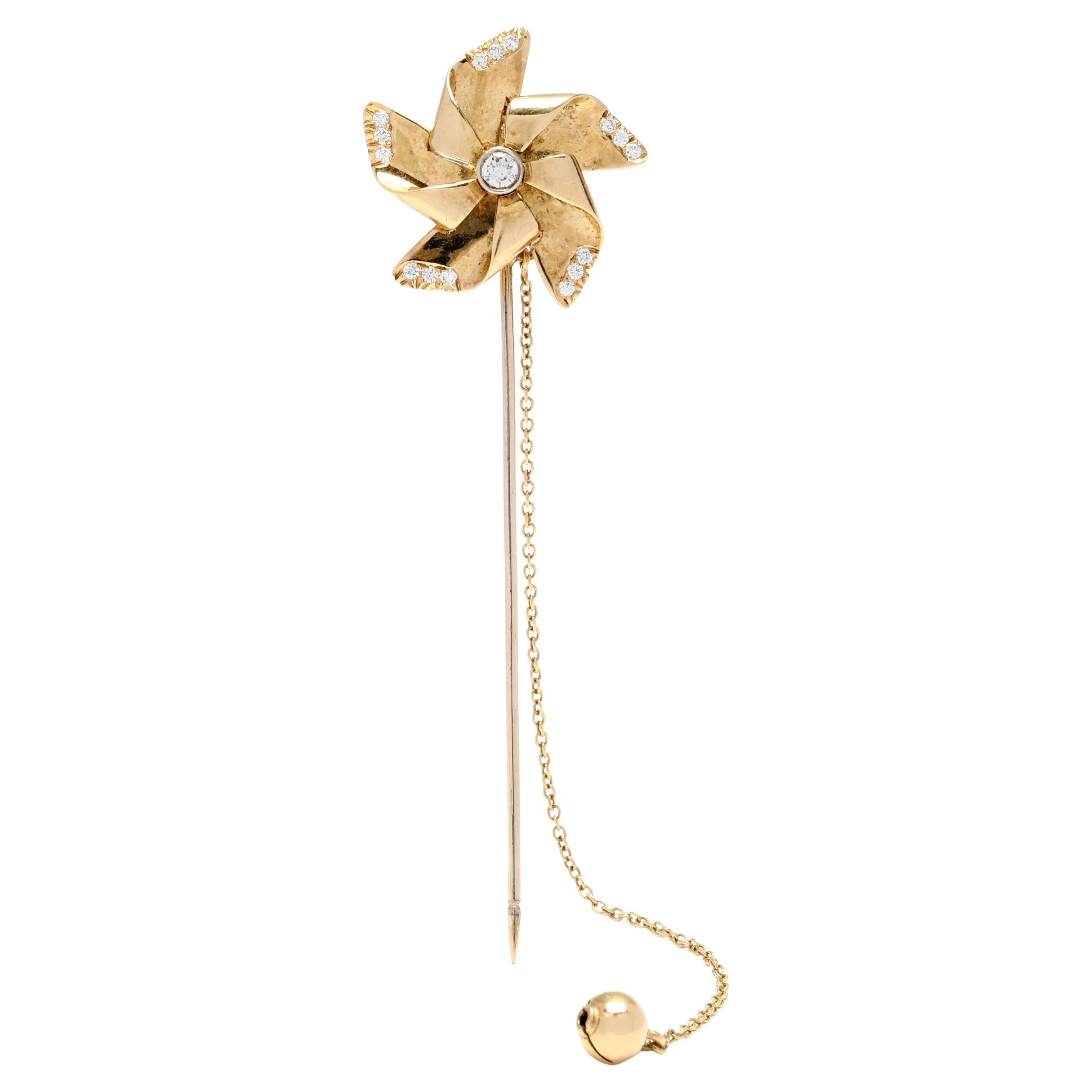 Italian .33ctw Diamond Pinwheel Jabot Pin, 18K Yellow Gold, Length 3.25 Inches