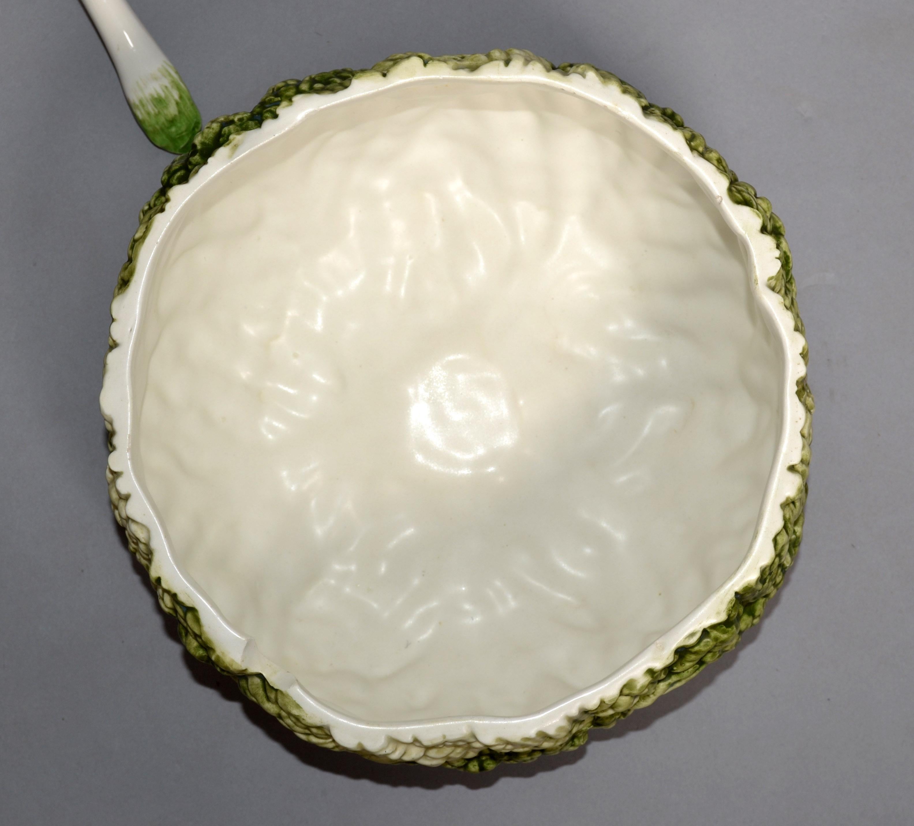 Louche à soupe à chou en céramique italienne 3D grandeur nature, peinte à la main, vert et blanc 3