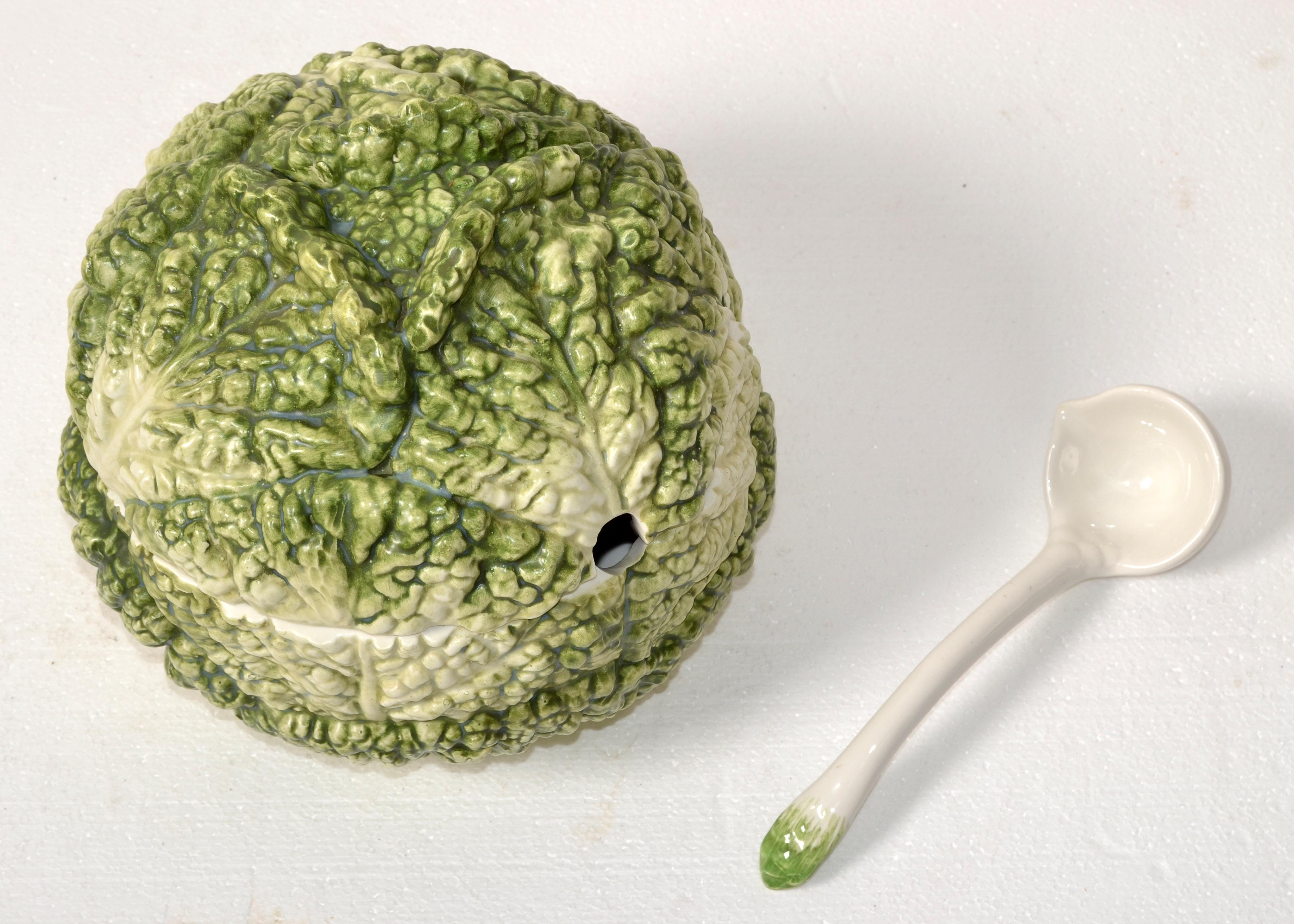 Louche à soupe à chou en céramique italienne 3D grandeur nature, peinte à la main, vert et blanc 8