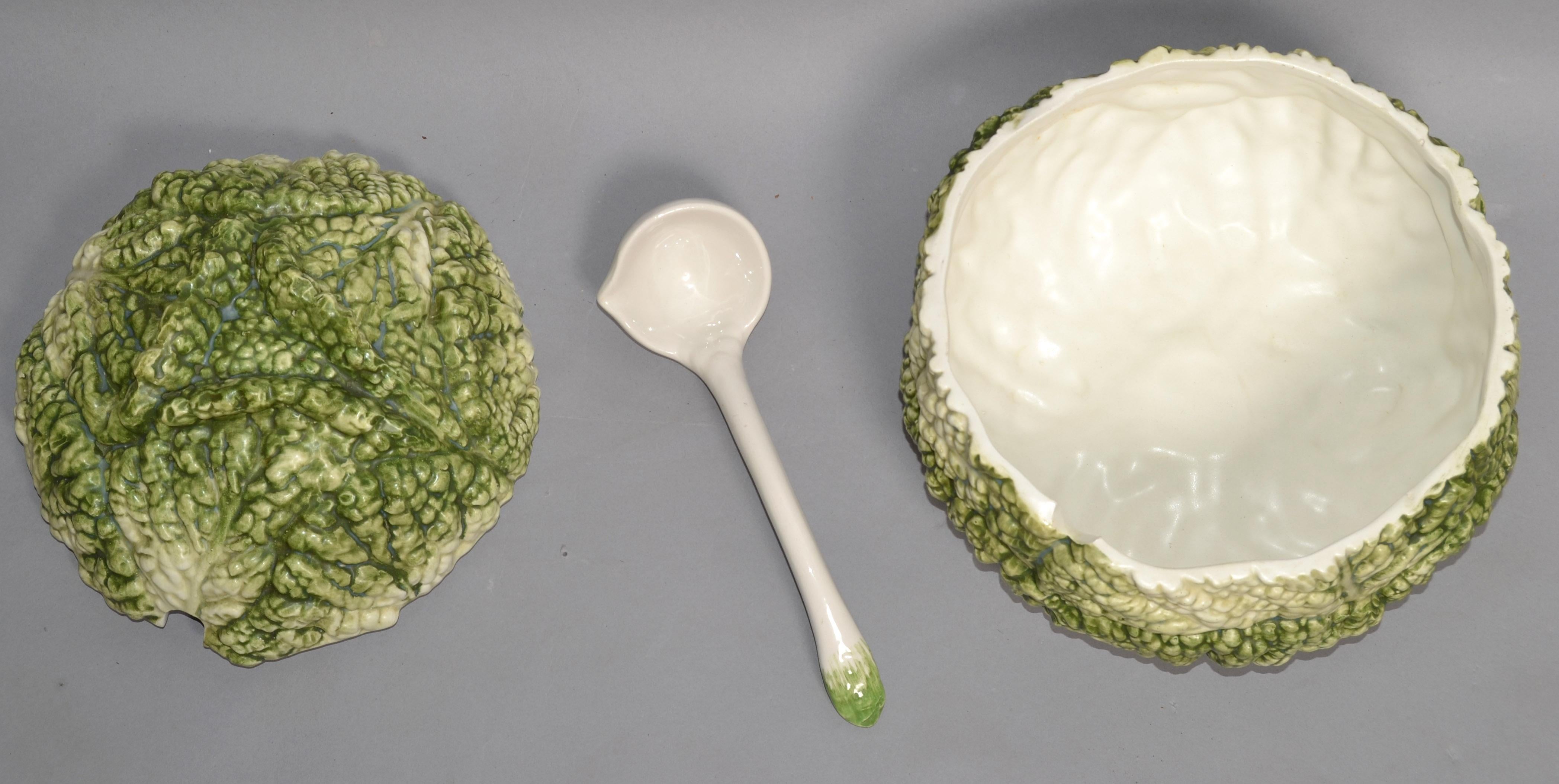 Louche à soupe à chou en céramique italienne 3D grandeur nature, peinte à la main, vert et blanc 2