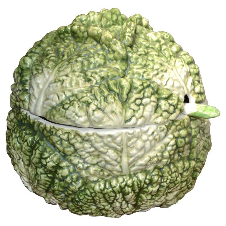 Italian 3D Life Size Ceramic Cabbage Tureen Soup Ladle Green White Hand