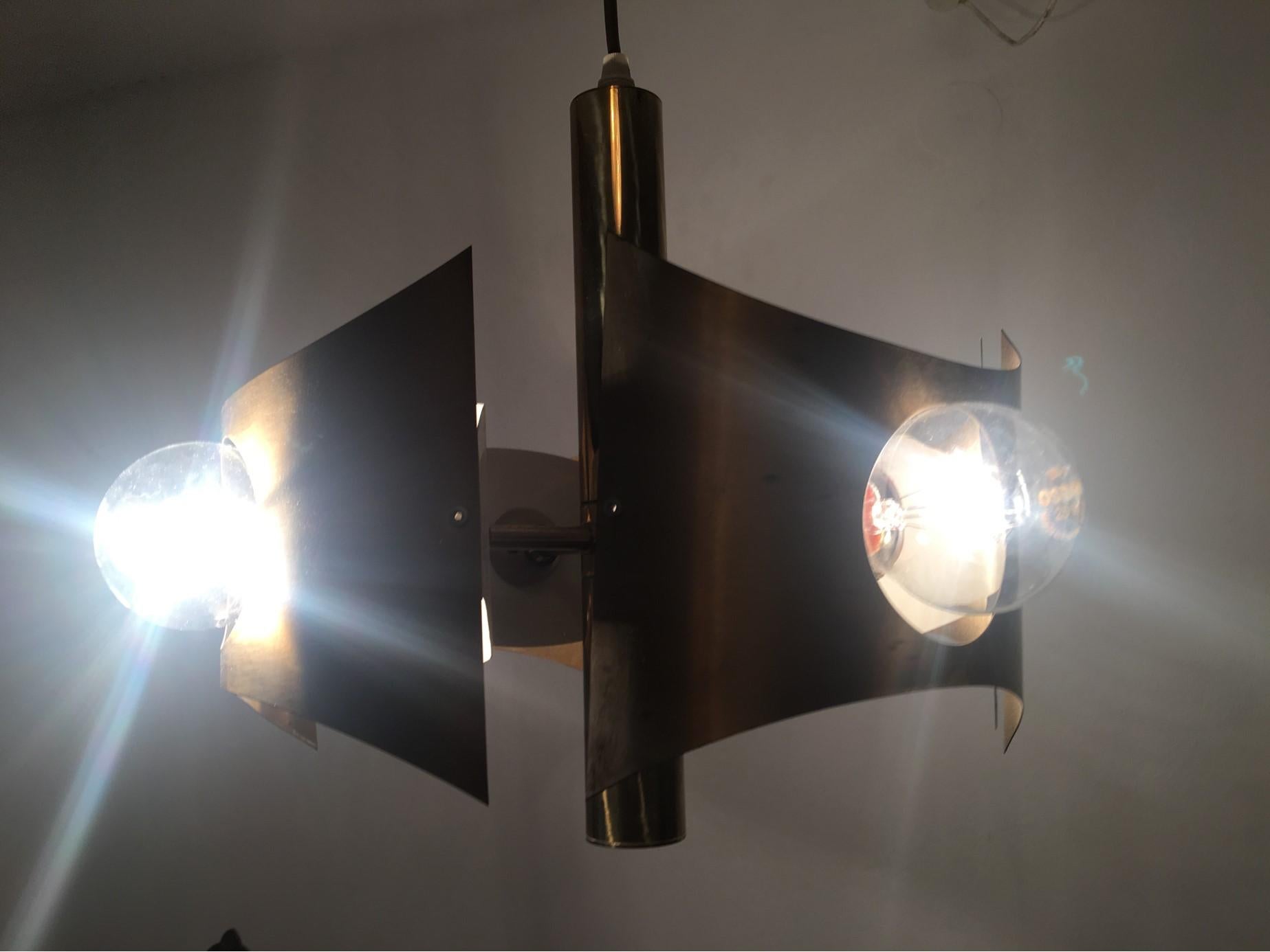 Italian 4 Bulb Pendant Chandelier Brass Surrounded Sciolary Style In Fair Condition For Sale In Frisco, TX