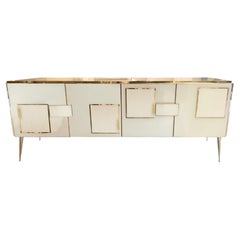 Italian 4 Door Murano Glass Ivory Sideboard with Brass and Solid Wood Available