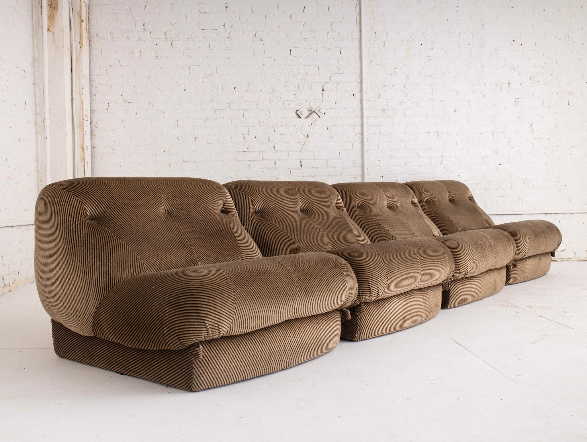 Italian 4 piece modular sectional attributed to Rino Maturi for Mimo Leone and Co. Original stripe velvet fabric as found. Sourced outside of Florence, Italy. Each individual piece measures 34” wide.
