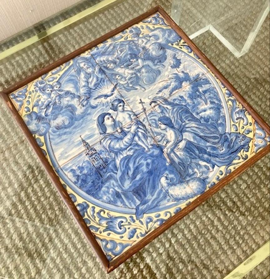 Schöne italienische handgemalte Wandtafel mit 4 blauen und weißen Kacheln. Schönes Gemälde des Jesuskindes und seines Vetters Johannes des Täufers. Montiert auf einem Holzrahmen.