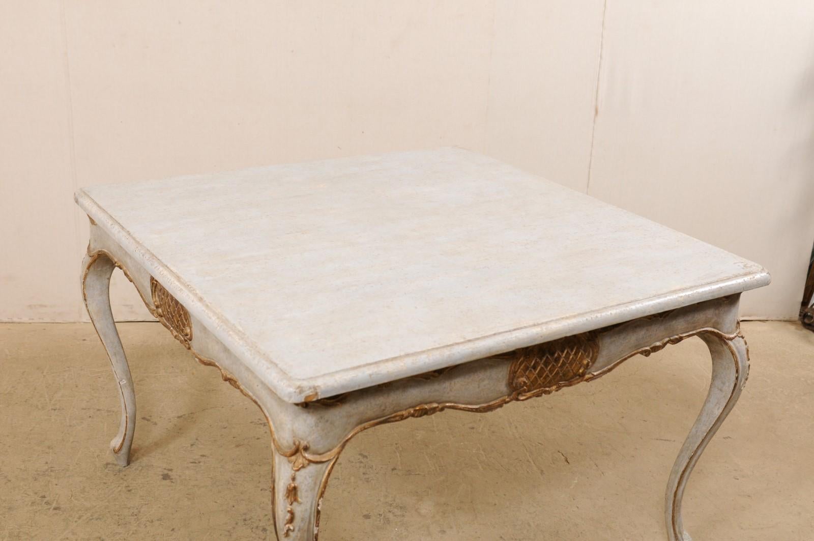 20th Century Italian Square-Shaped Wood Table w/ Elegant Legs, Scalloped Skirt & Gilt Accents For Sale