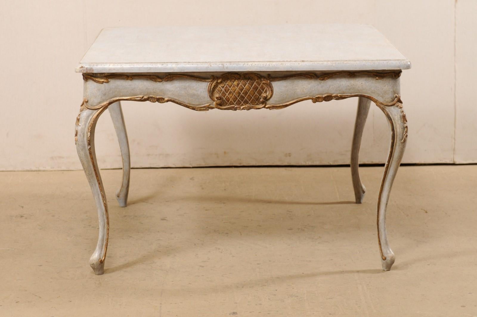 Italian Square-Shaped Wood Table w/ Elegant Legs, Scalloped Skirt & Gilt Accents For Sale 1