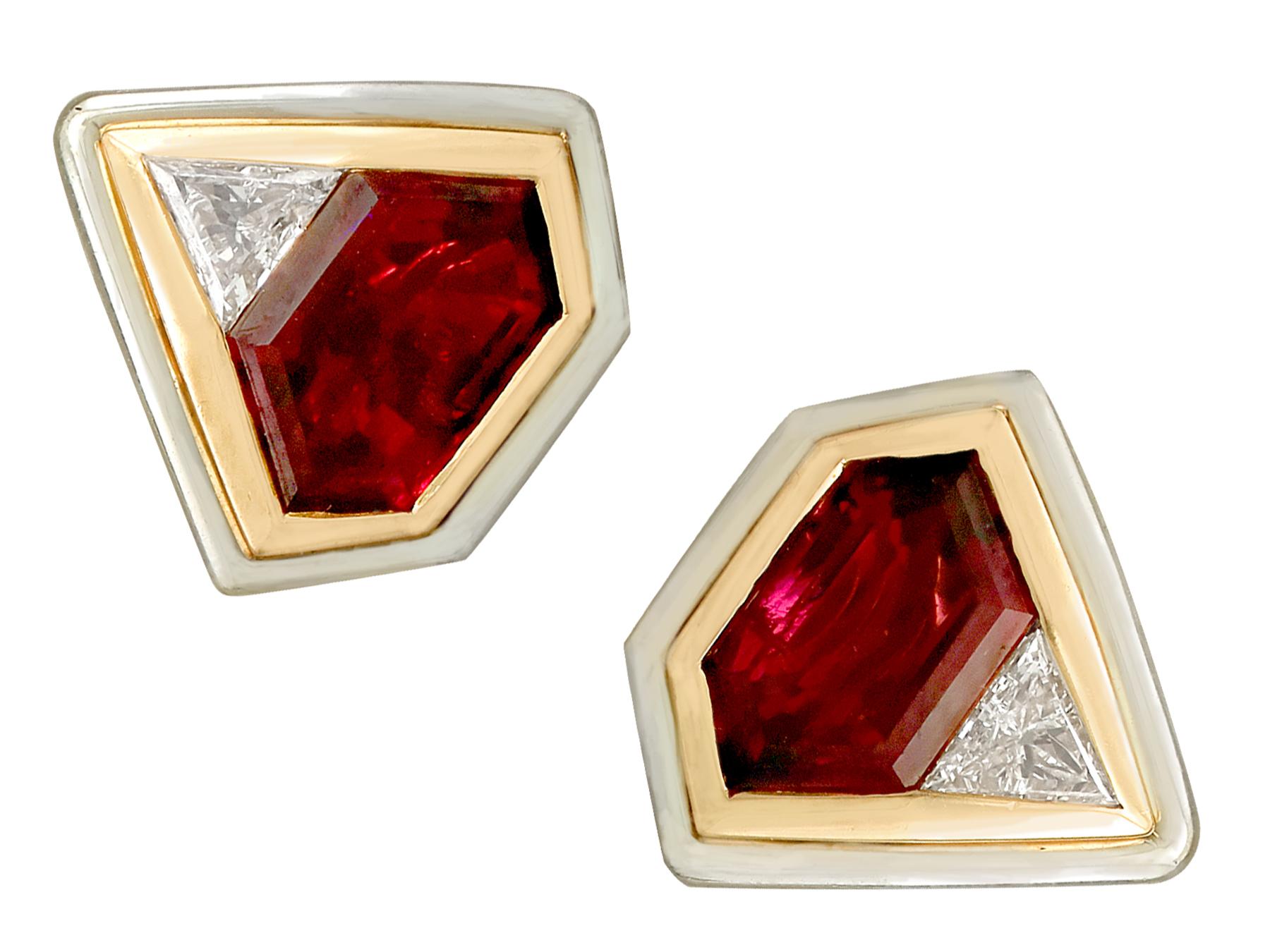 An impressive pair of vintage Italian 4.82 carat pink tourmaline and 0.59 carat diamond, 18 karat yellow and white gold earrings; part of our diverse gemstone jewelry collections

These fine and impressive vintage gemstone earrings have been crafted