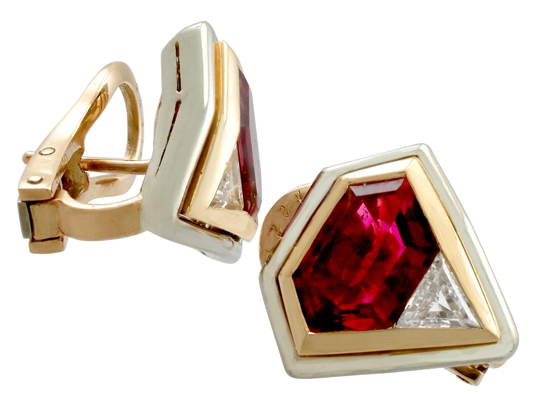 Hexagon Cut Italian 4.82 Carat Pink Tourmaline and Diamond Gold Earrings