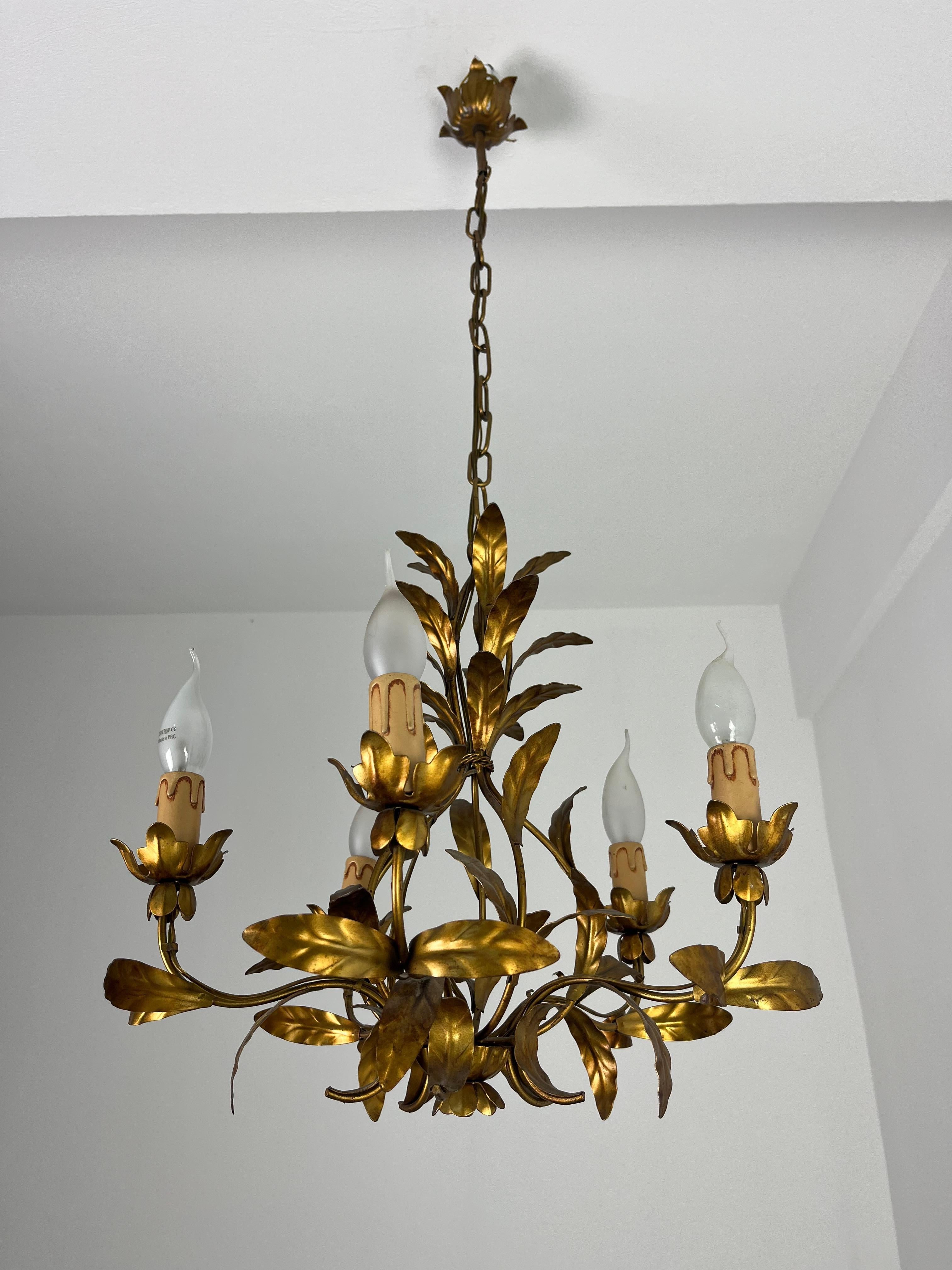 Lustre italien à 5 lumières en fer forgé, années 1950 en vente 5