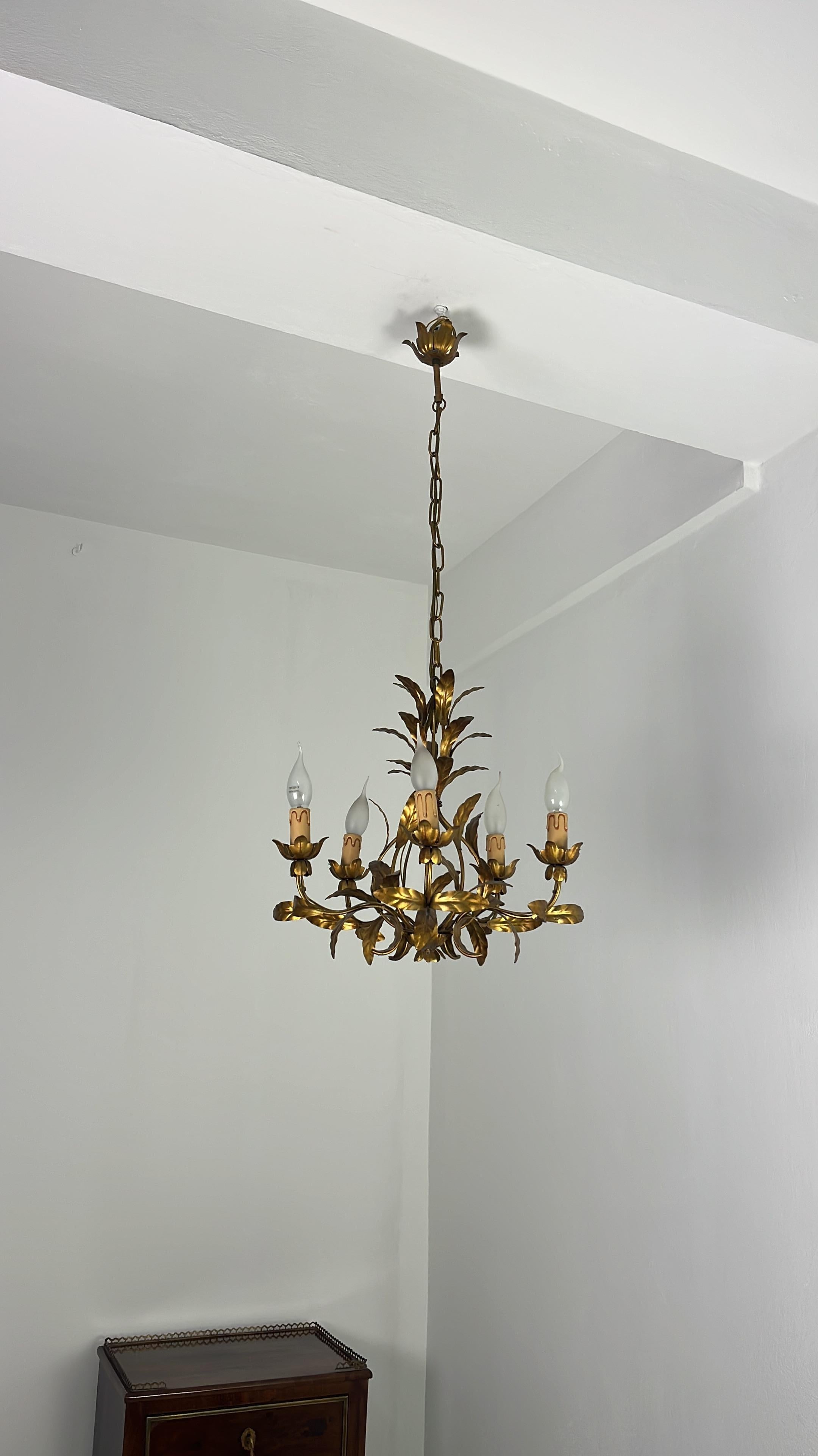 Lustre italien à 5 lumières en fer forgé, années 1950 en vente 6