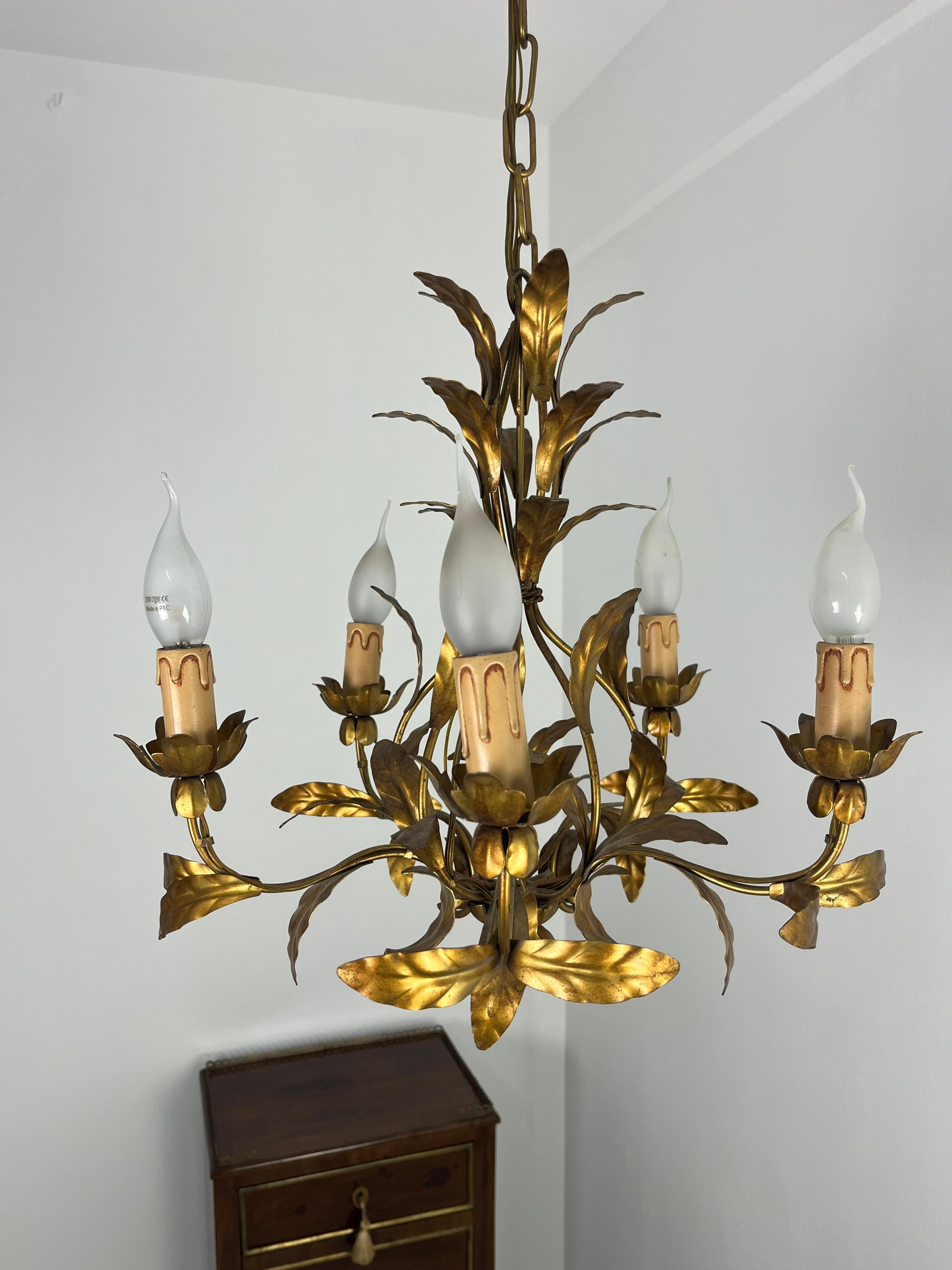 Lustre italien à 5 lumières en fer forgé, années 1950 Bon état - En vente à Palermo, IT