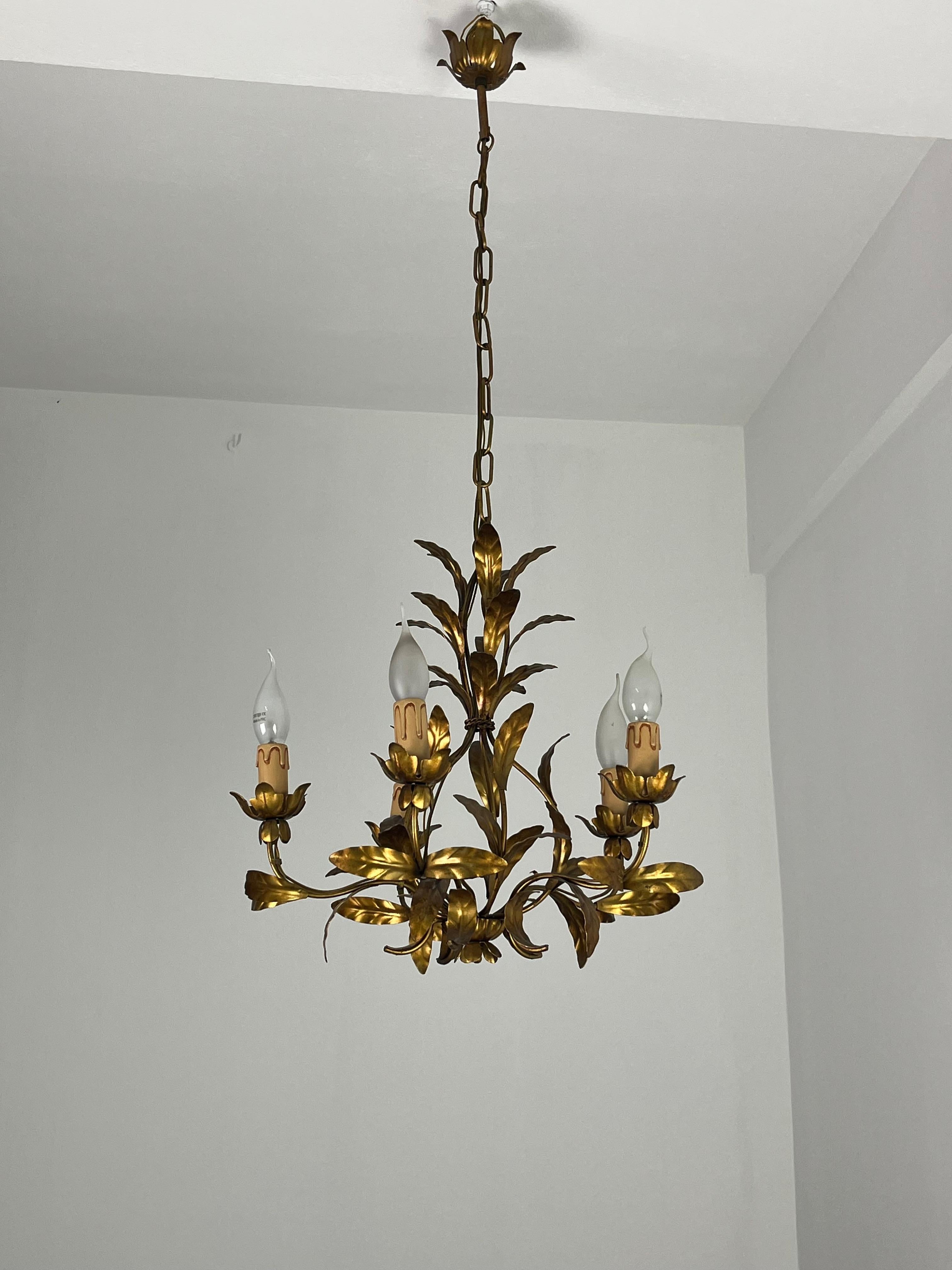 Milieu du XXe siècle Lustre italien à 5 lumières en fer forgé, années 1950 en vente