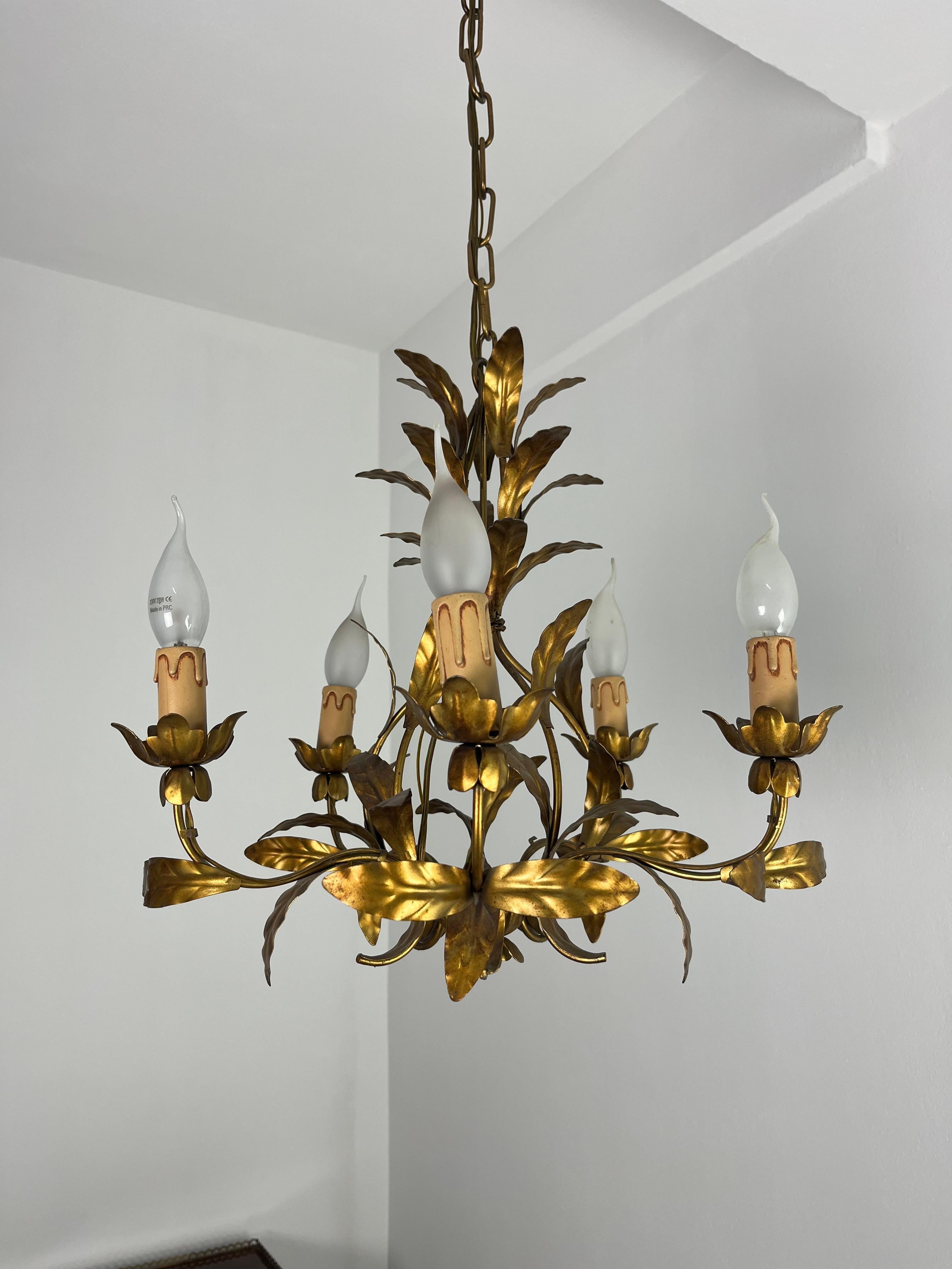 Fer forgé Lustre italien à 5 lumières en fer forgé, années 1950 en vente