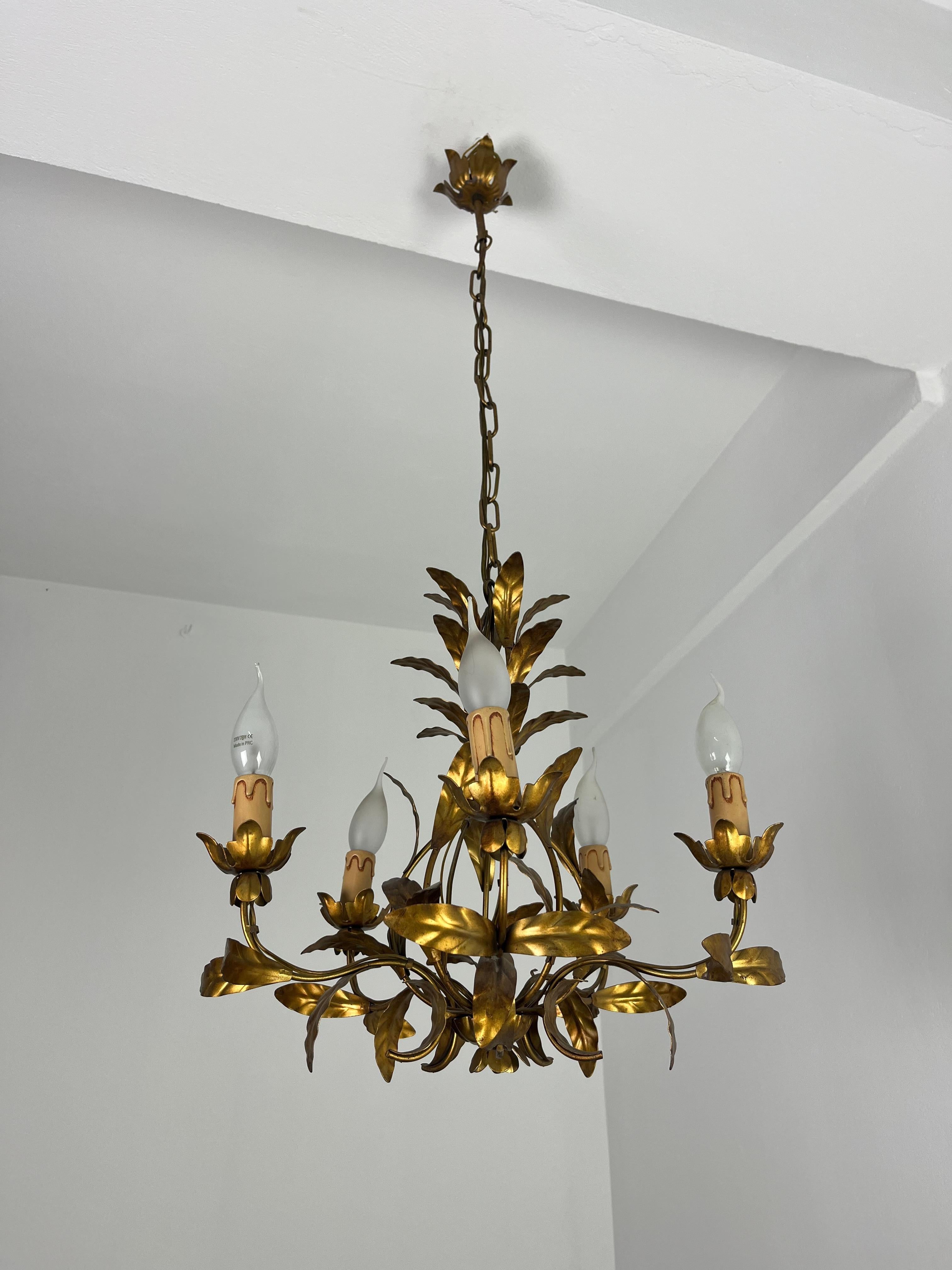 Lustre italien à 5 lumières en fer forgé, années 1950 en vente 1