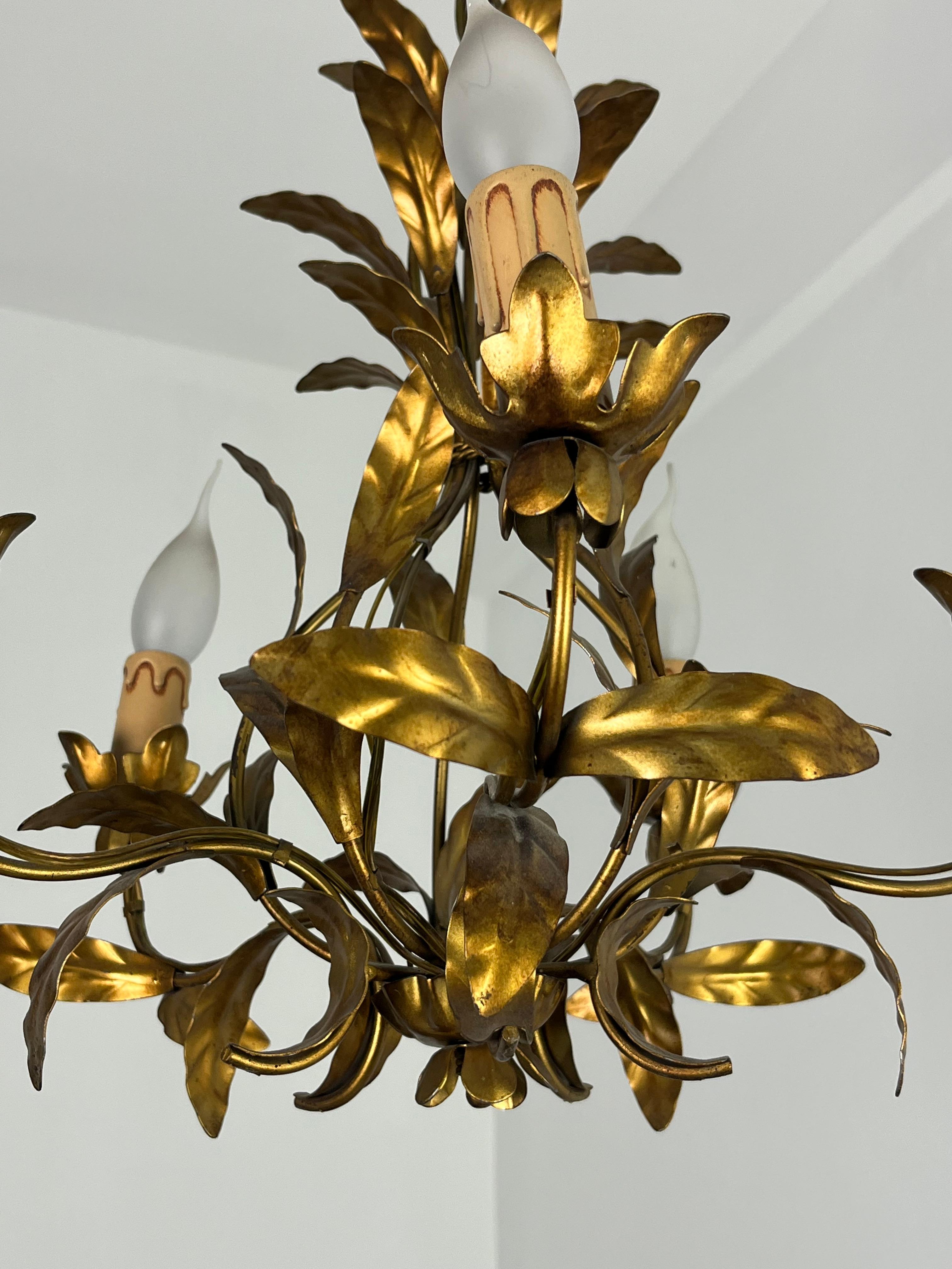 Lustre italien à 5 lumières en fer forgé, années 1950 en vente 2