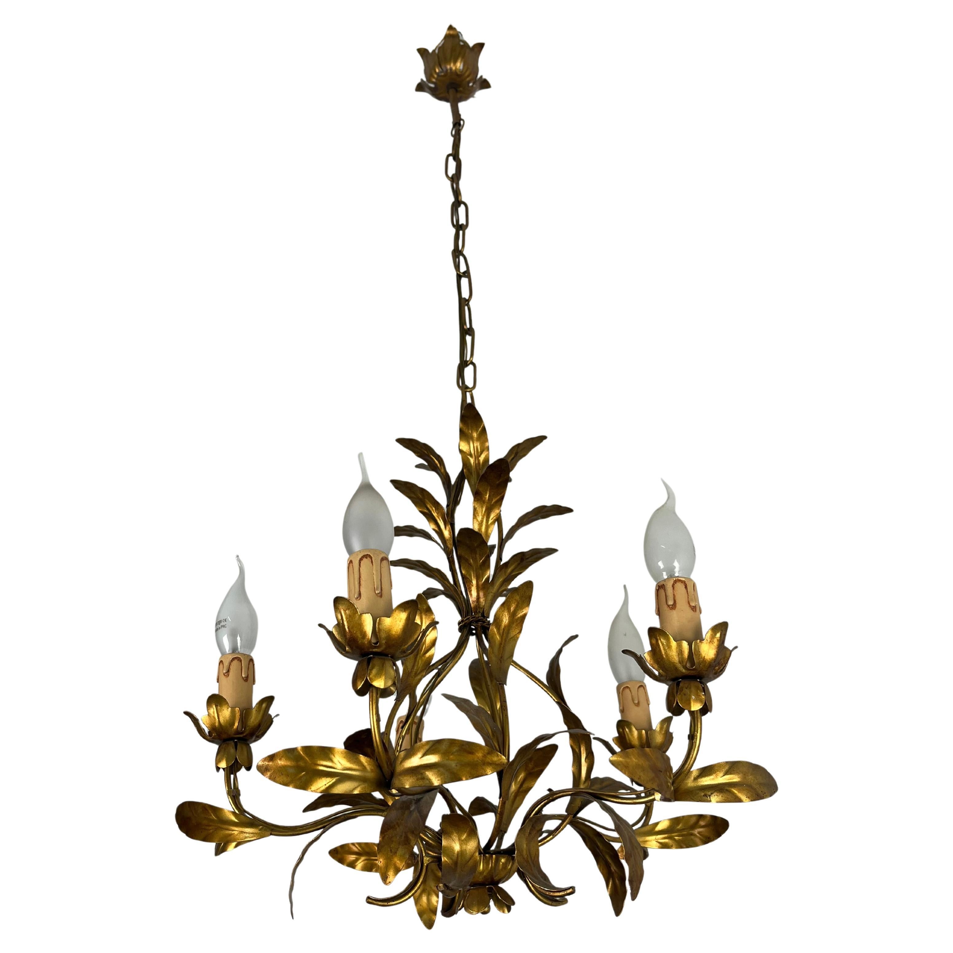 Lampadario italiano a 5 luci in ferro battuto, anni
50