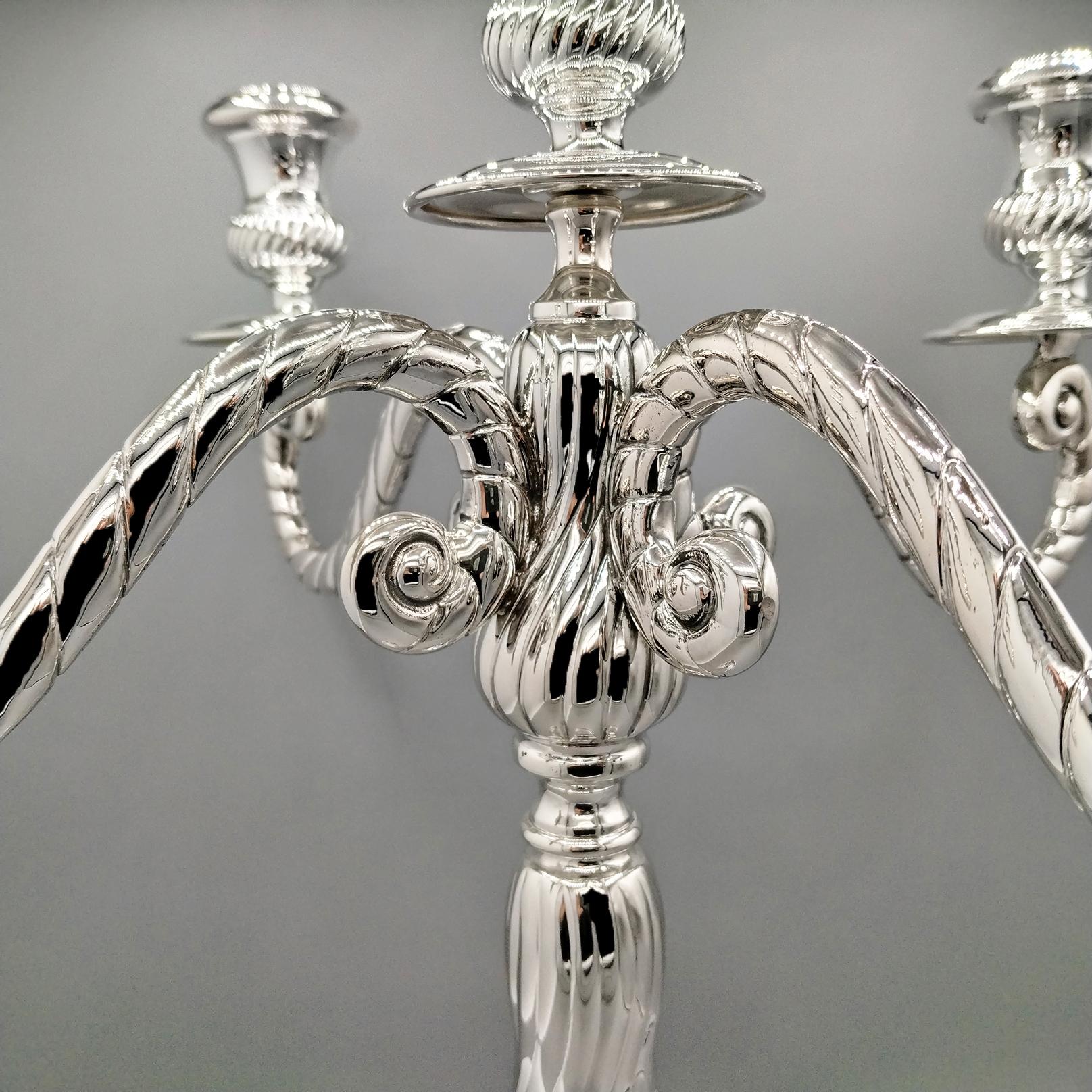 Italian 5 lights Solid 800 Silver Candelabra Torchon style For Sale 4
