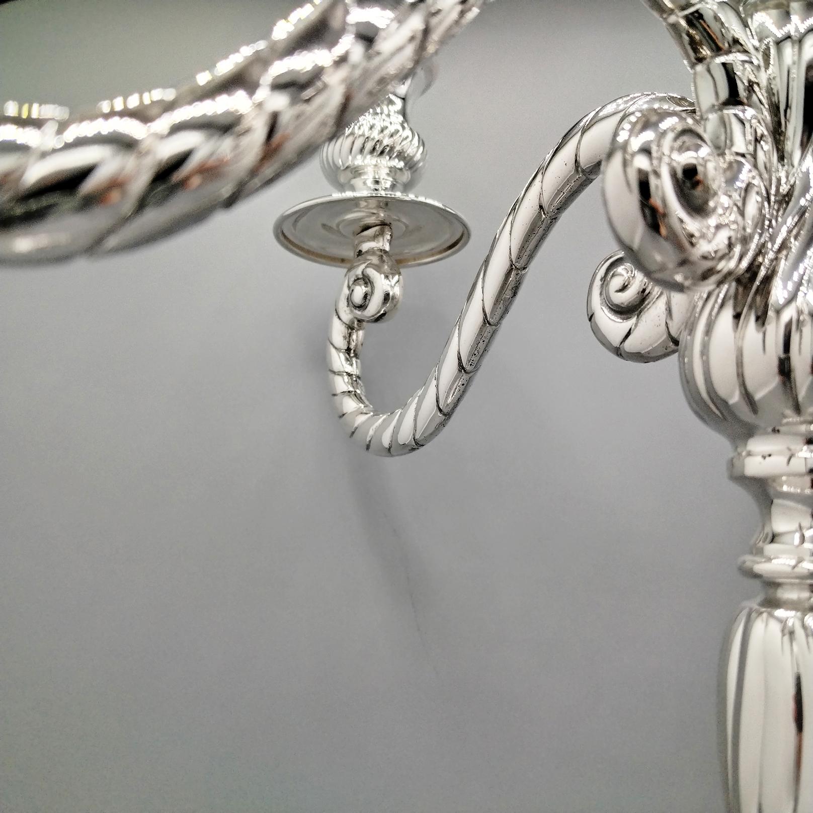 Italian 5 lights Solid 800 Silver Candelabra Torchon style For Sale 5