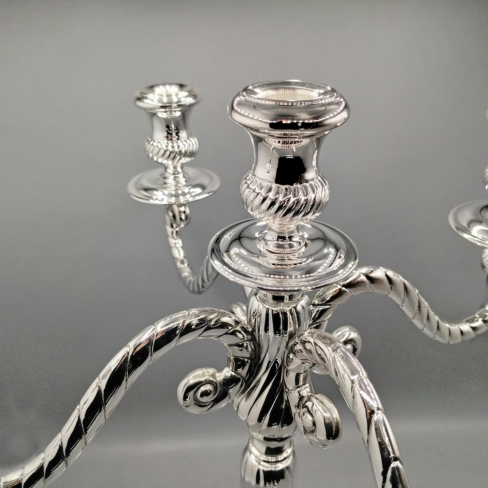 Italian 5 lights Solid 800 Silver Candelabra Torchon style For Sale 6