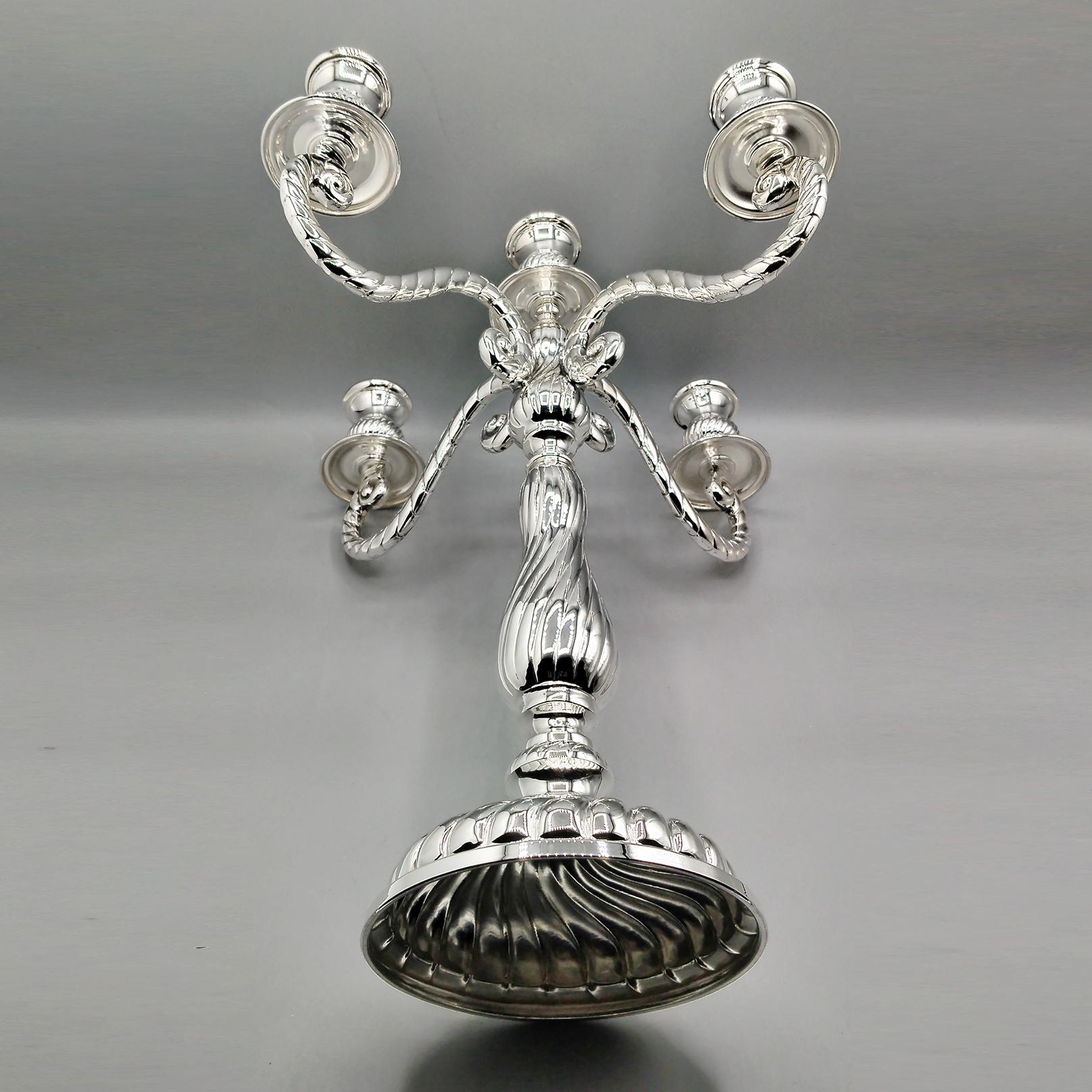 Italian 5 lights Solid 800 Silver Candelabra Torchon style In Excellent Condition For Sale In VALENZA, IT