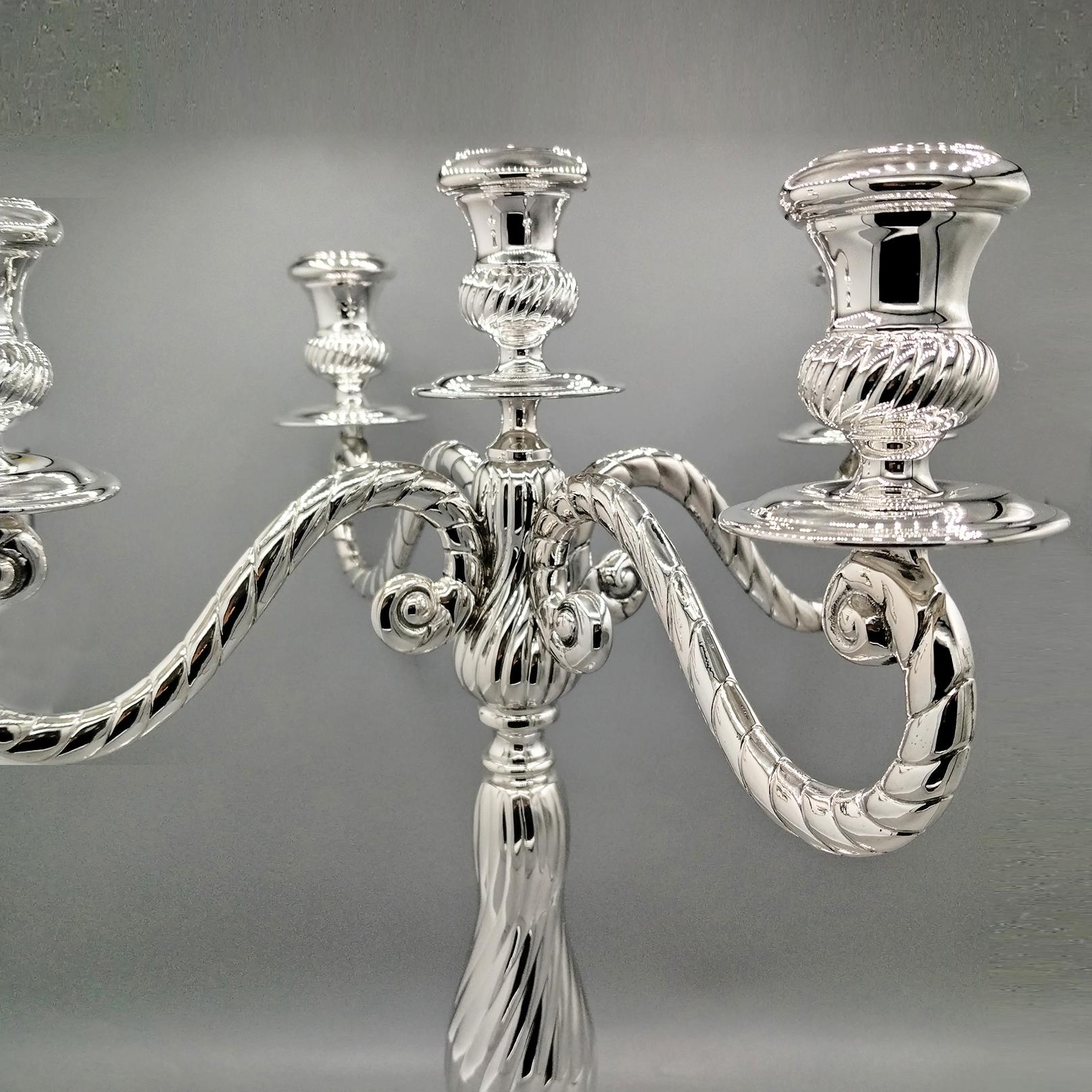 Late 20th Century Italian 5 lights Solid 800 Silver Candelabra Torchon style For Sale