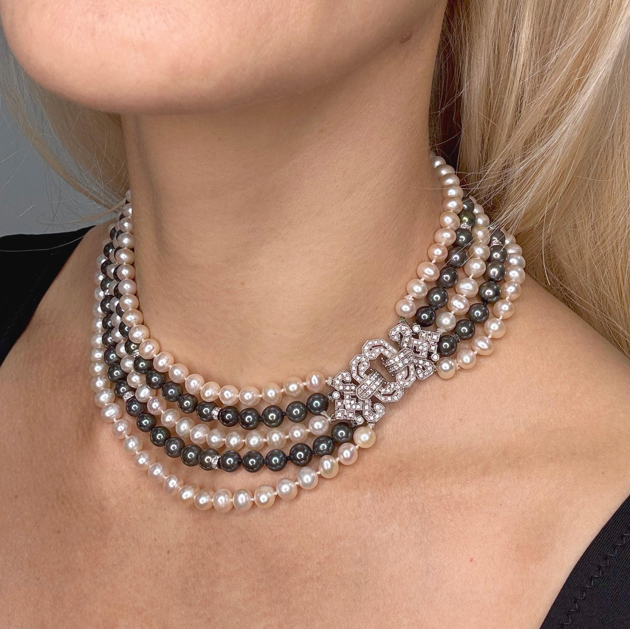 Italian 5 Strand Vintage Graduated White Black PEARL Diamond 18k W Gold NECKLACE For Sale 4