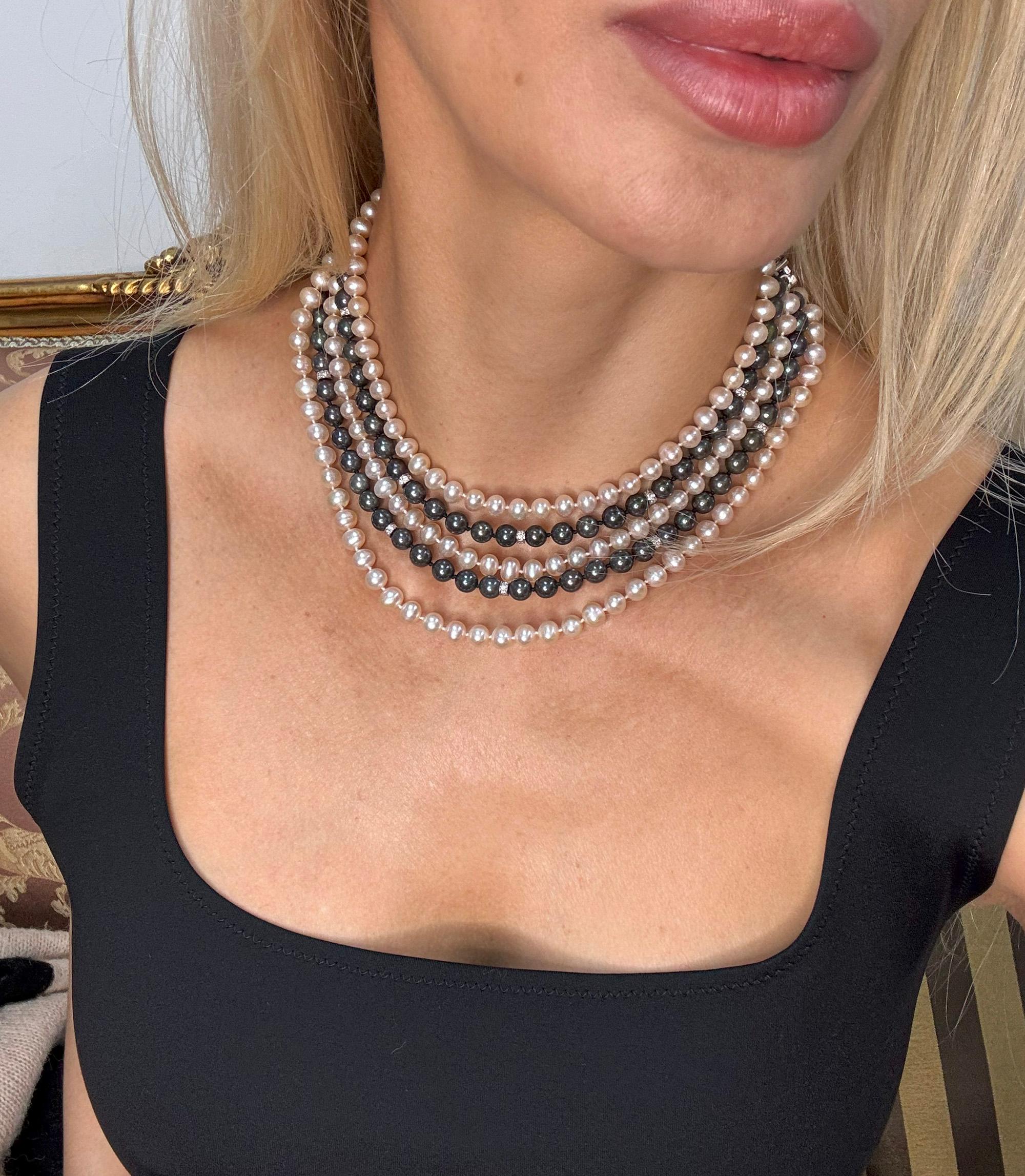Italian 5 Strand Vintage Graduated White Black PEARL Diamond 18k W Gold NECKLACE For Sale 5