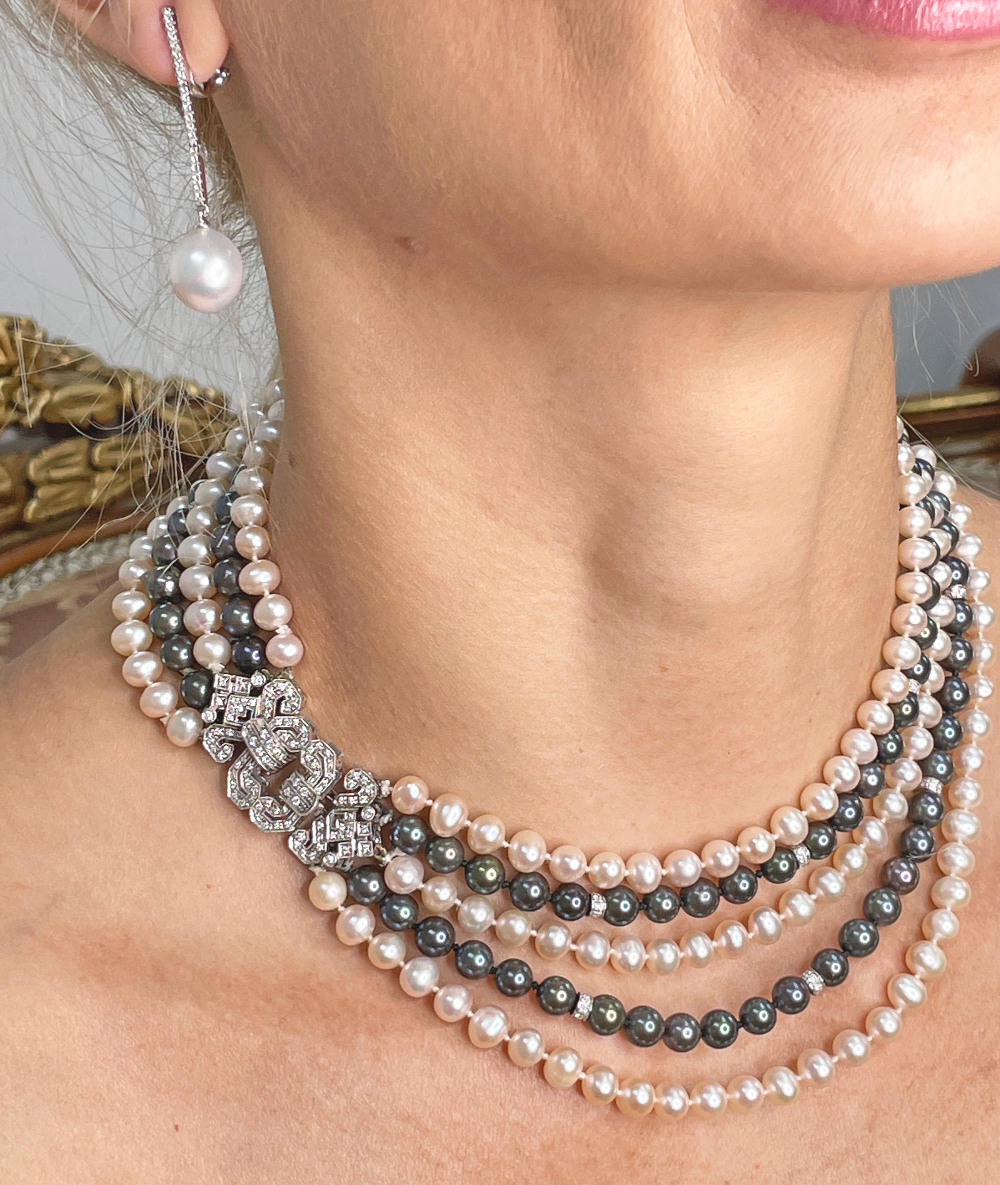 Italian 5 Strand Vintage Graduated White Black PEARL Diamond 18k W Gold NECKLACE For Sale 6