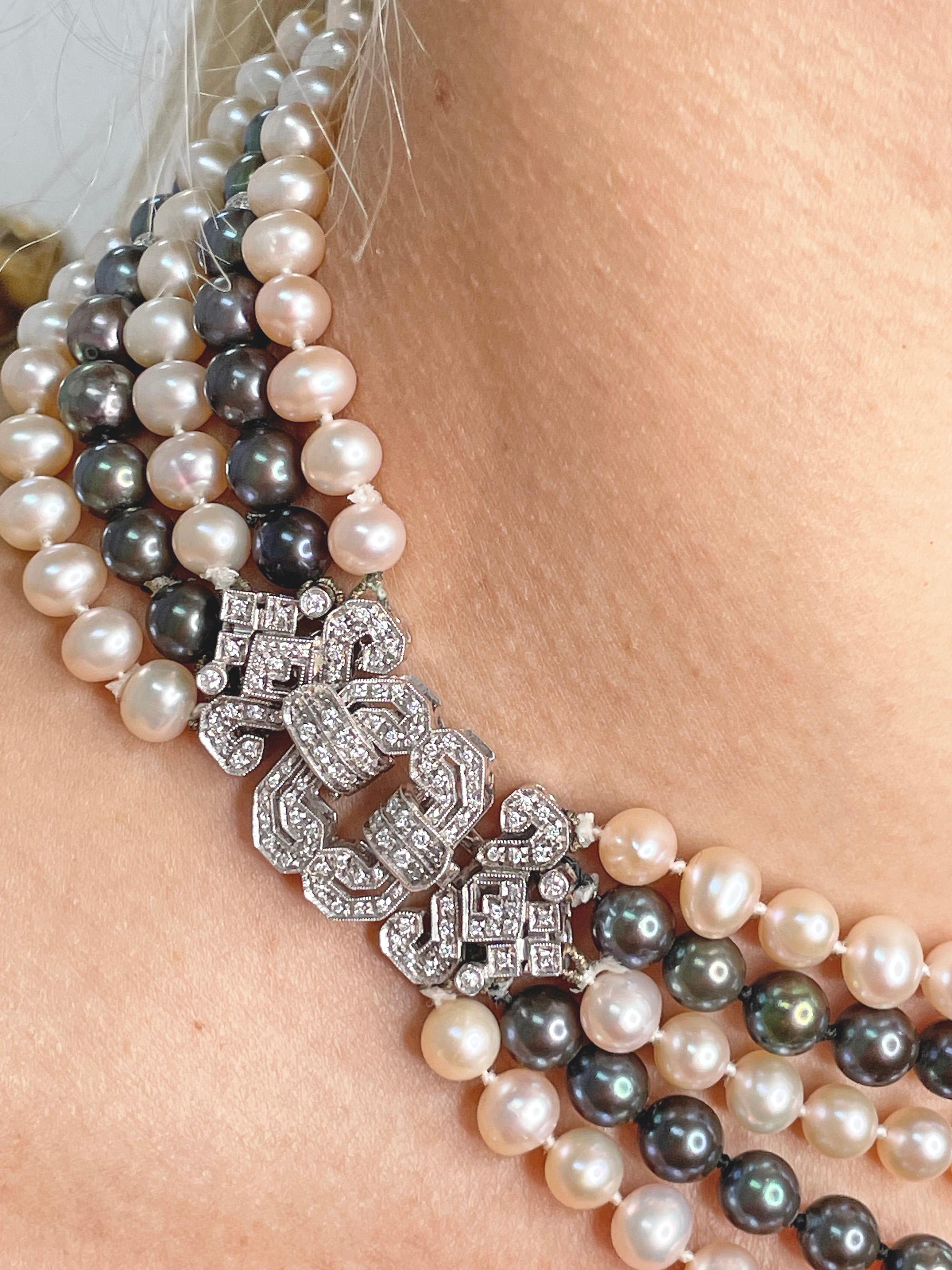 Italian 5 Strand Vintage Graduated White Black PEARL Diamond 18k W Gold NECKLACE For Sale 7
