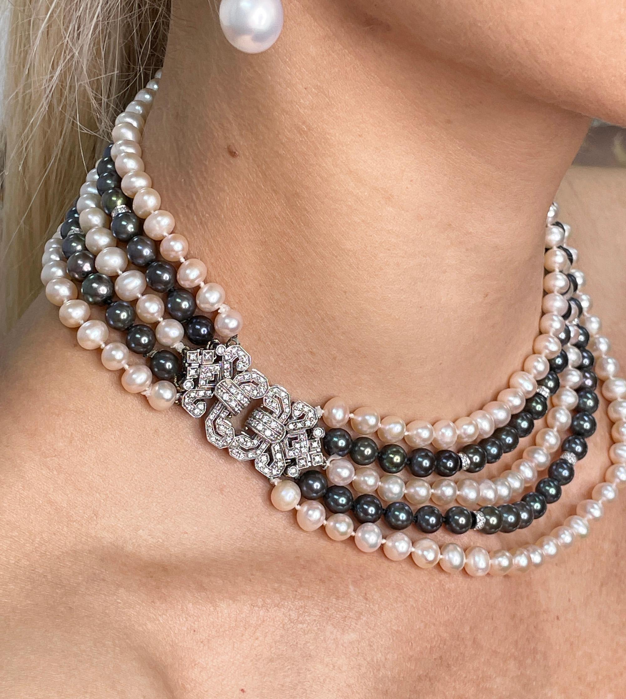 Italian 5 Strand Vintage Graduated White Black PEARL Diamond 18k W Gold NECKLACE For Sale 8