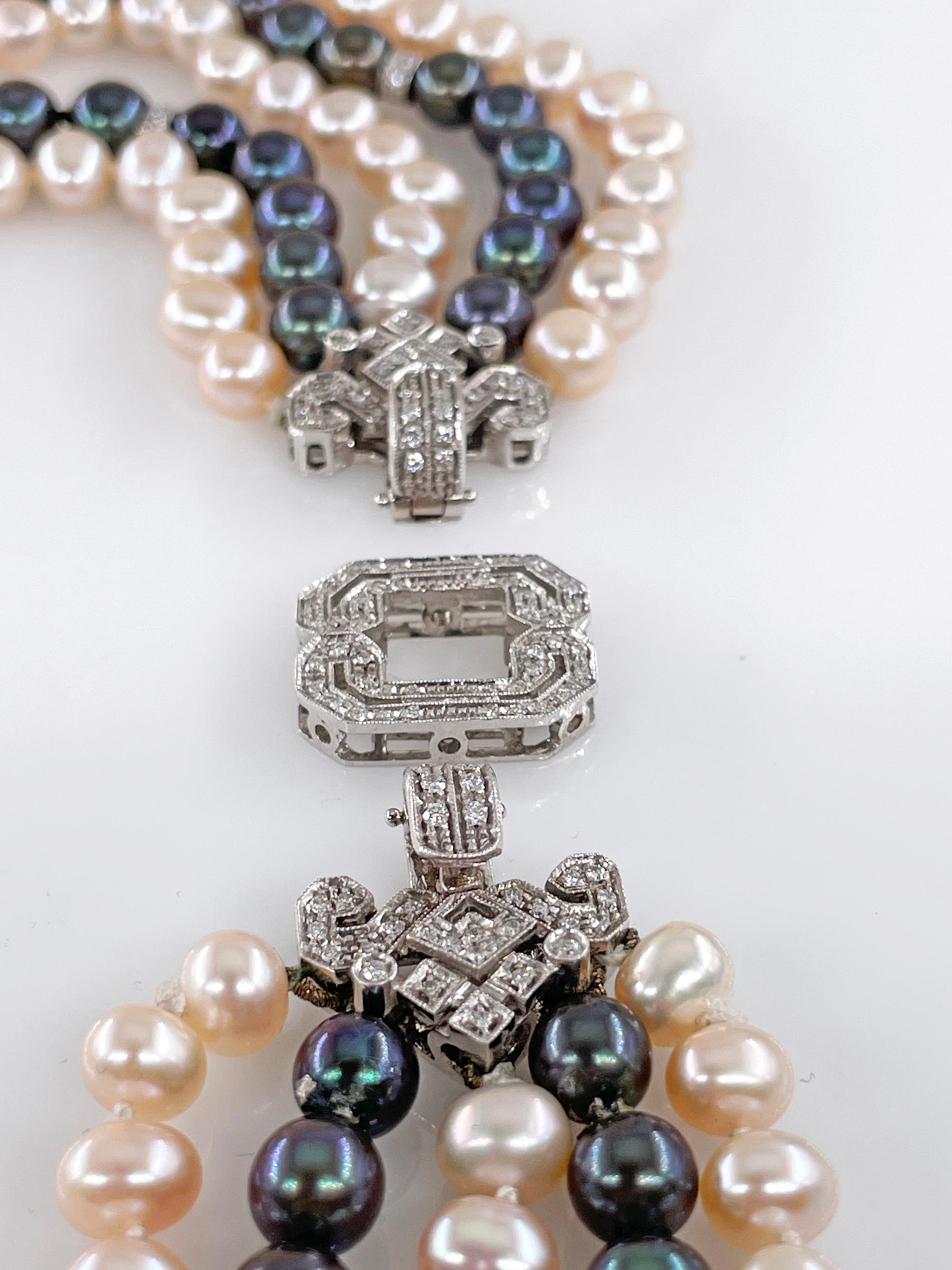 Italian 5 Strand Vintage Graduated White Black PEARL Diamond 18k W Gold NECKLACE For Sale 9