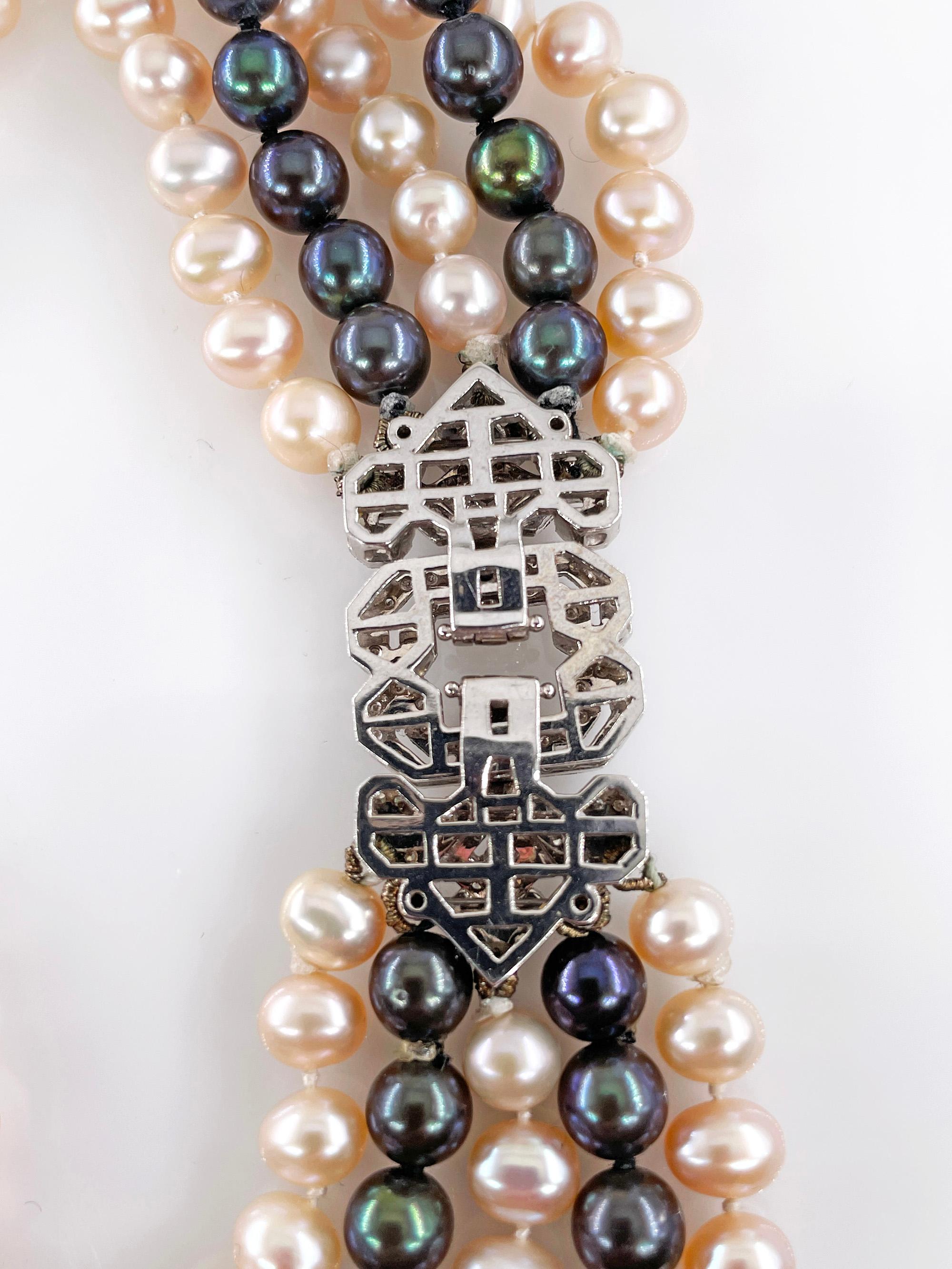 Italian 5 Strand Vintage Graduated White Black PEARL Diamond 18k W Gold NECKLACE For Sale 10