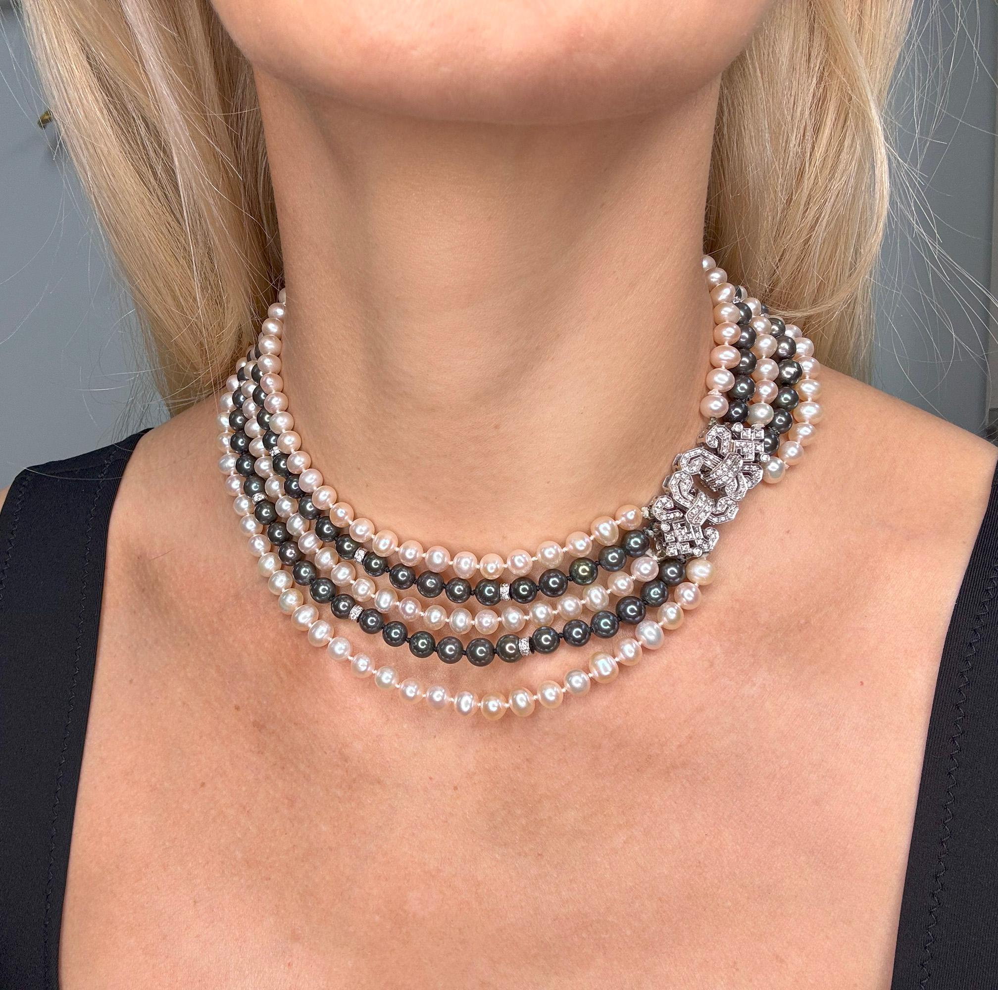 Ball Cut Italian 5 Strand Vintage Graduated White Black PEARL Diamond 18k W Gold NECKLACE For Sale