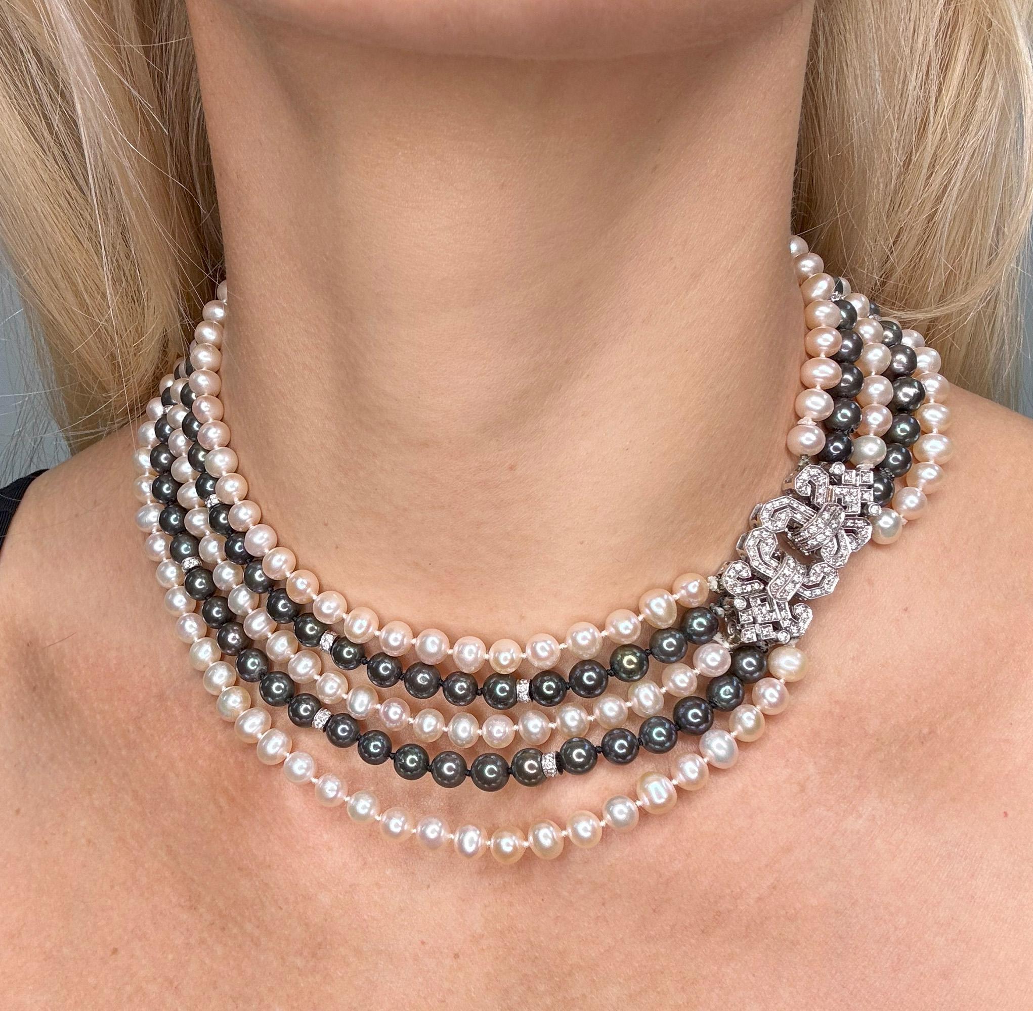 Italian 5 Strand Vintage Graduated White Black PEARL Diamond 18k W Gold NECKLACE In Good Condition For Sale In New York, NY