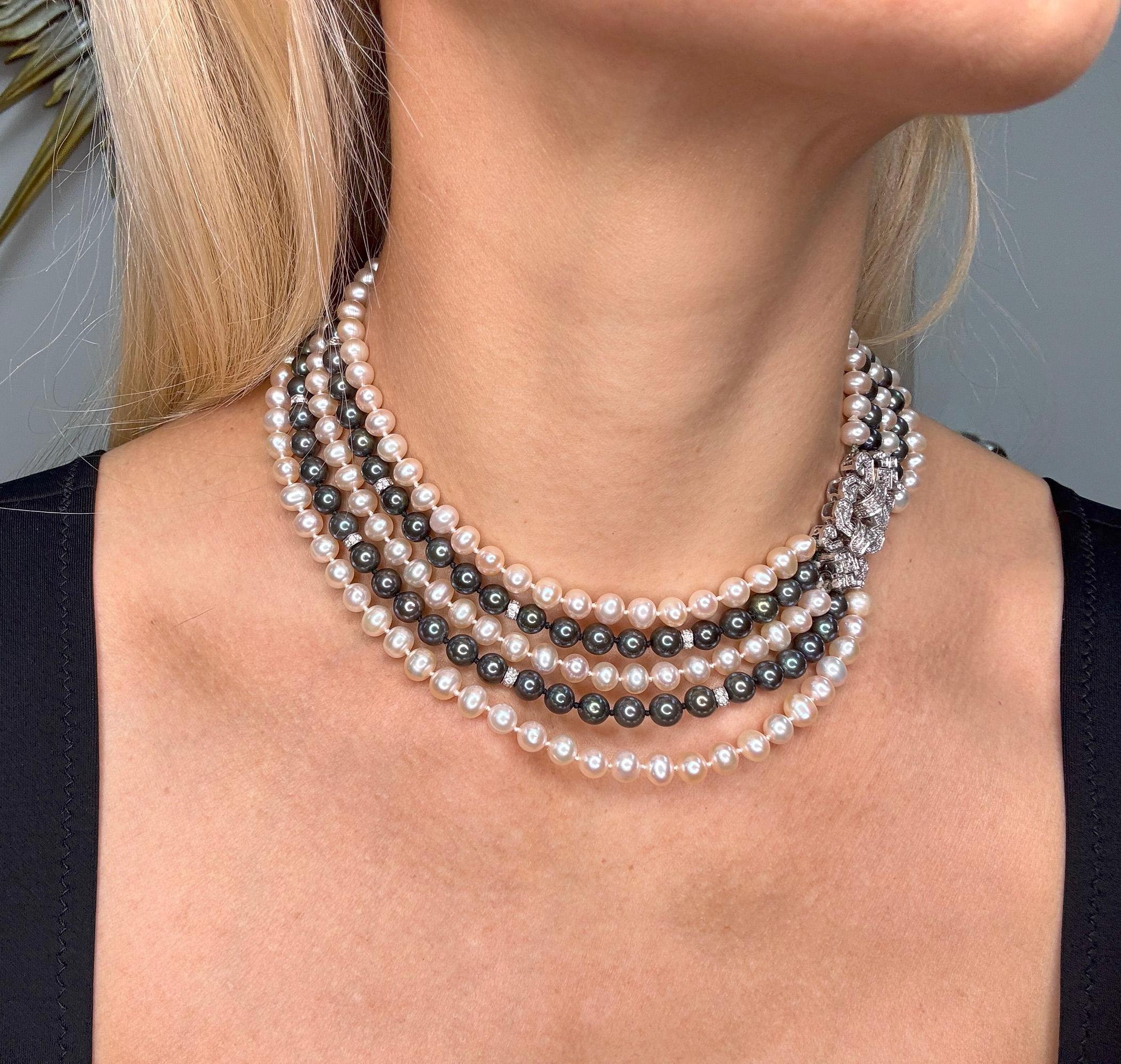 Women's Italian 5 Strand Vintage Graduated White Black PEARL Diamond 18k W Gold NECKLACE For Sale