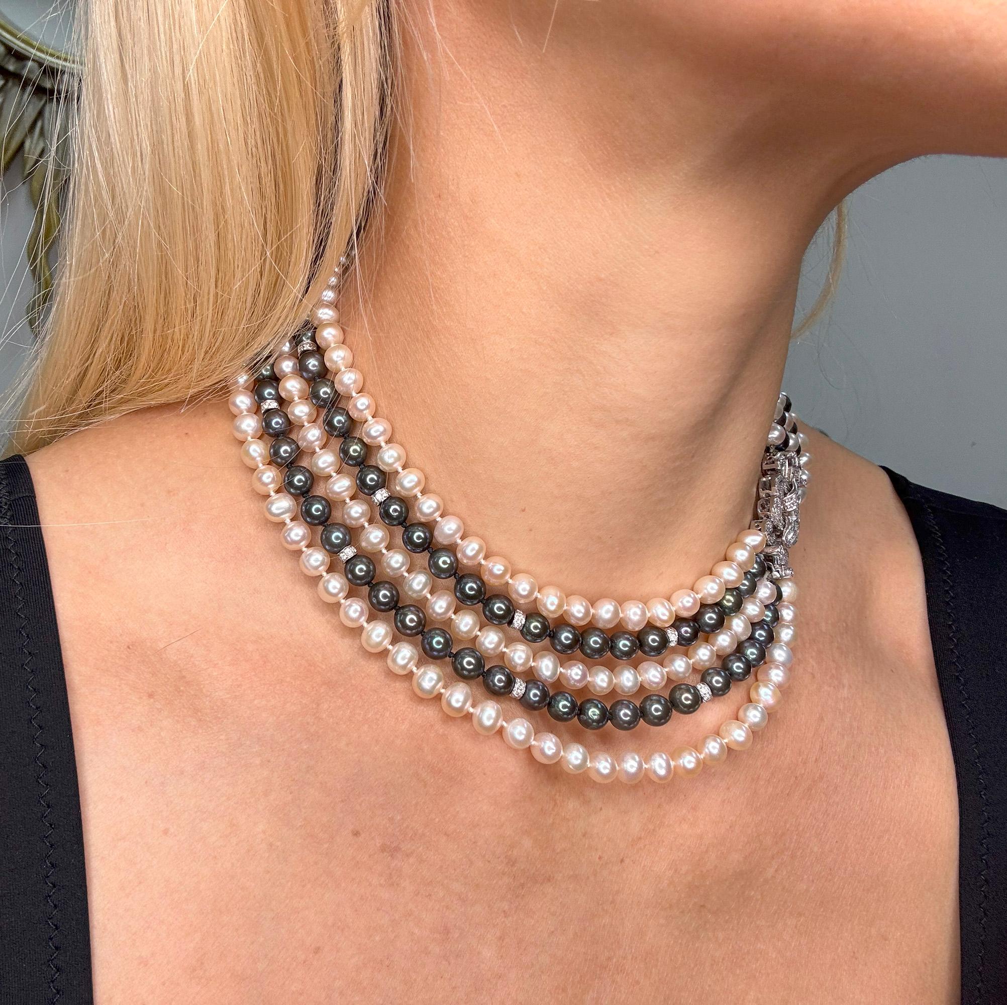 Italian 5 Strand Vintage Graduated White Black PEARL Diamond 18k W Gold NECKLACE For Sale 1