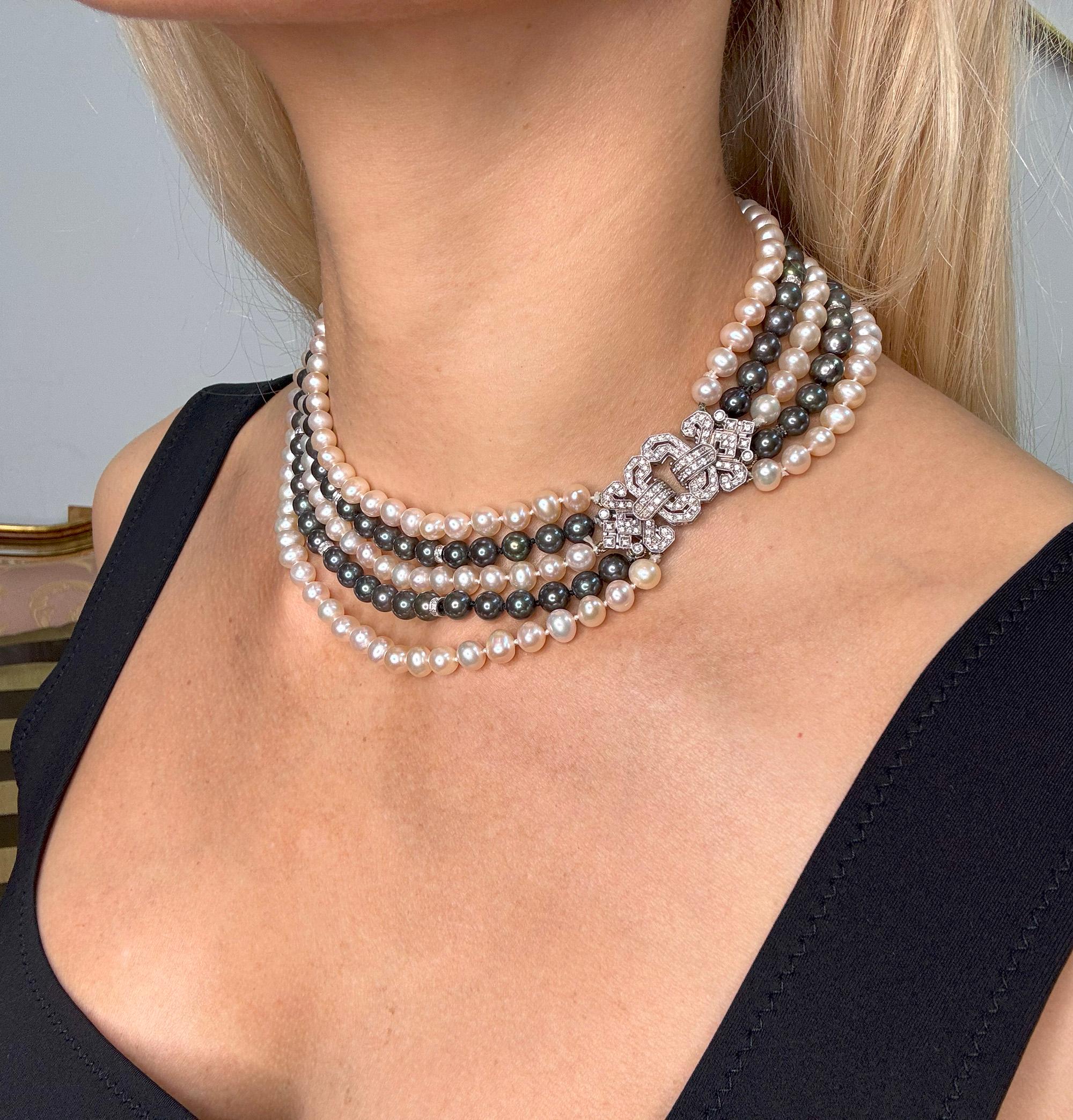 Italian 5 Strand Vintage Graduated White Black PEARL Diamond 18k W Gold NECKLACE For Sale 2