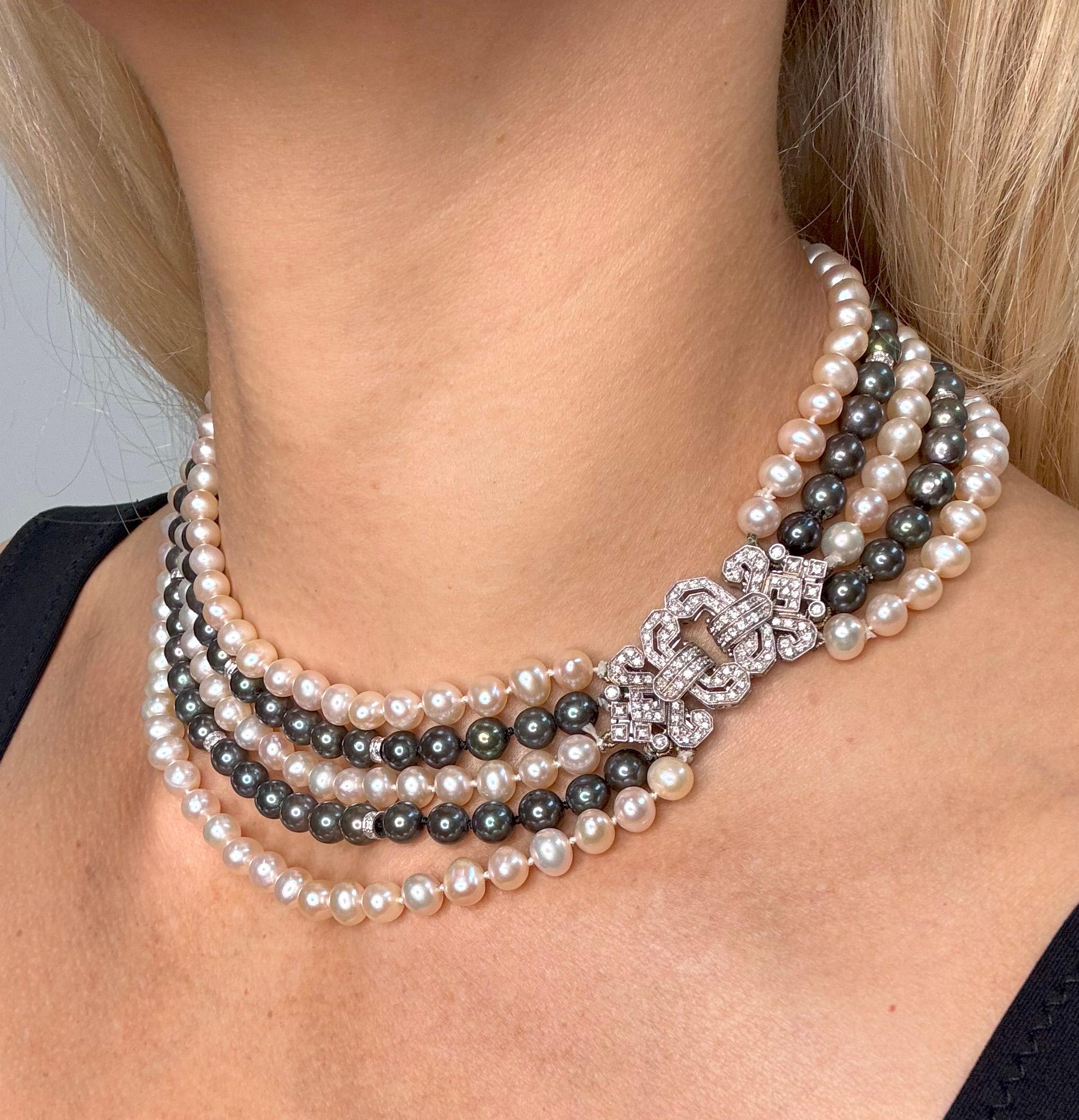 Italian 5 Strand Vintage Graduated White Black PEARL Diamond 18k W Gold NECKLACE For Sale 3