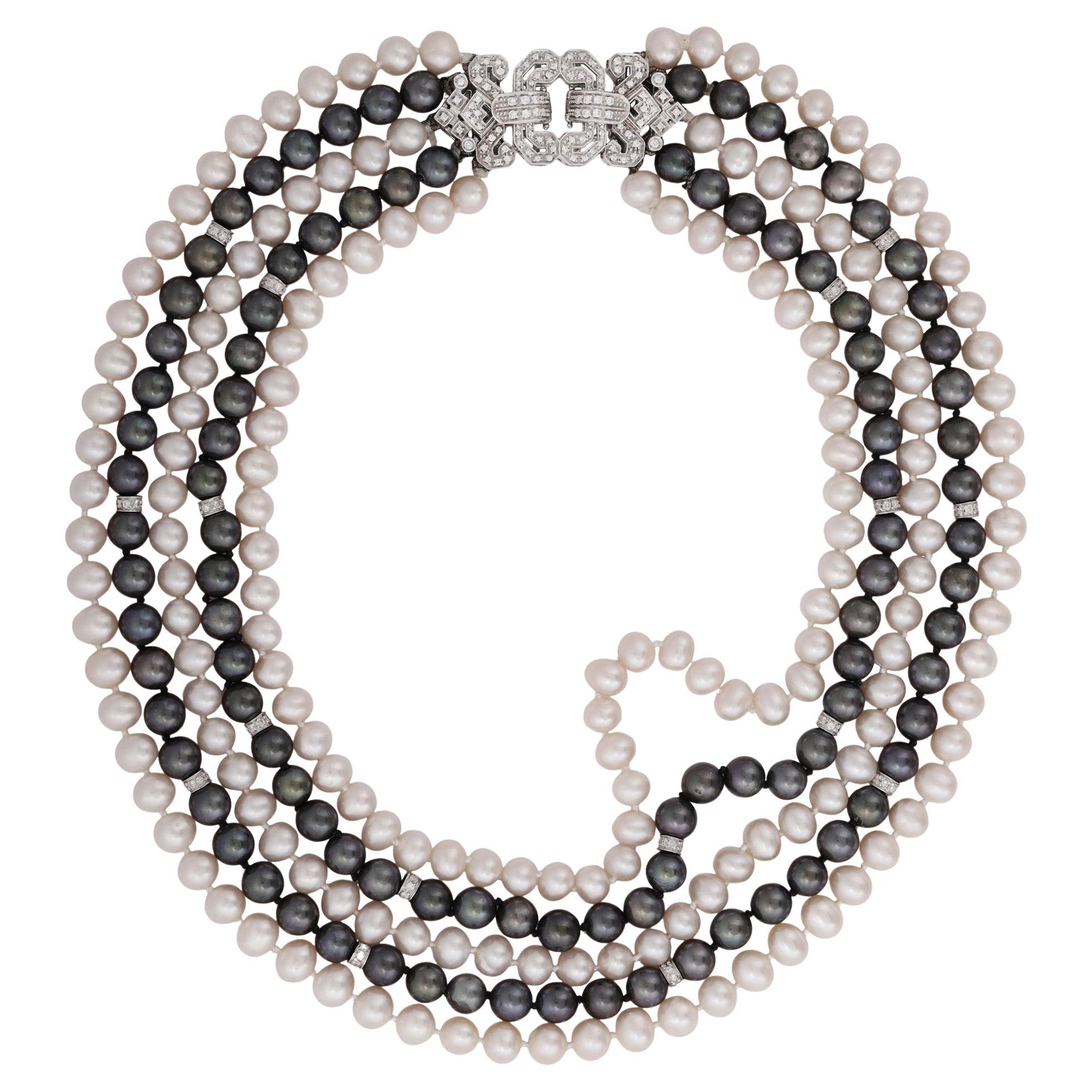 Italian 5 Strand Vintage Graduated White Black PEARL Diamond 18k W Gold NECKLACE