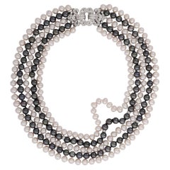 Italian 5 Strand Vintage Graduated White Black PEARL Diamond 18k W Gold NECKLACE