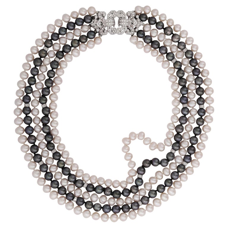Italian Strand Vintage Graduated White Black PEARL Diamond 18k W