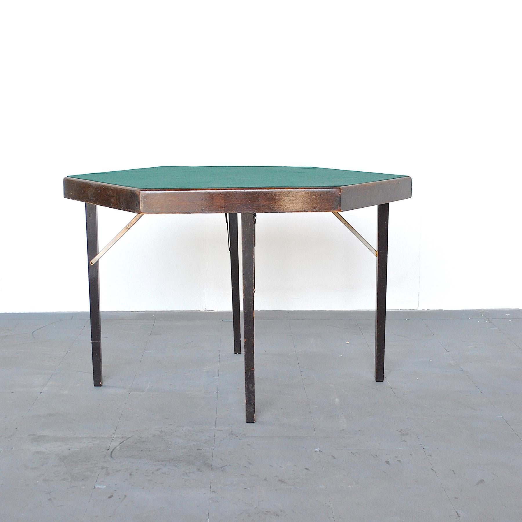 Hexagonable wooden gaming table with green cloth on the floor Production brothers Zari Milan years late 50s.
