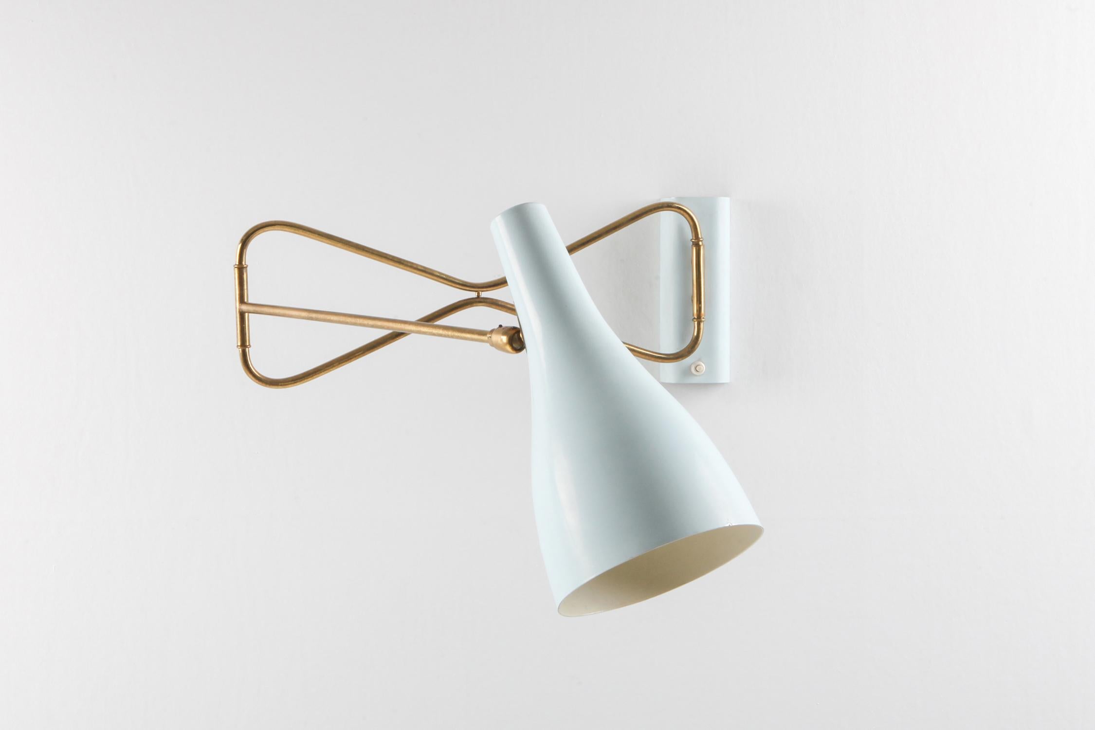 Wall sconce, the light fixture is affixed to a wall in such a way that it uses only the wall for support where the light is directed downwards, but flexible. 

Italian design, the 1950s. 

A combination of the colour baby blue and brass, that