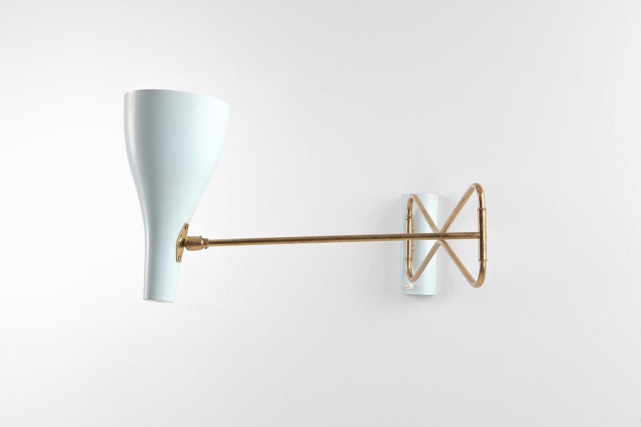 European Italian 1950s Wall Sconce in Baby Blue and Brass