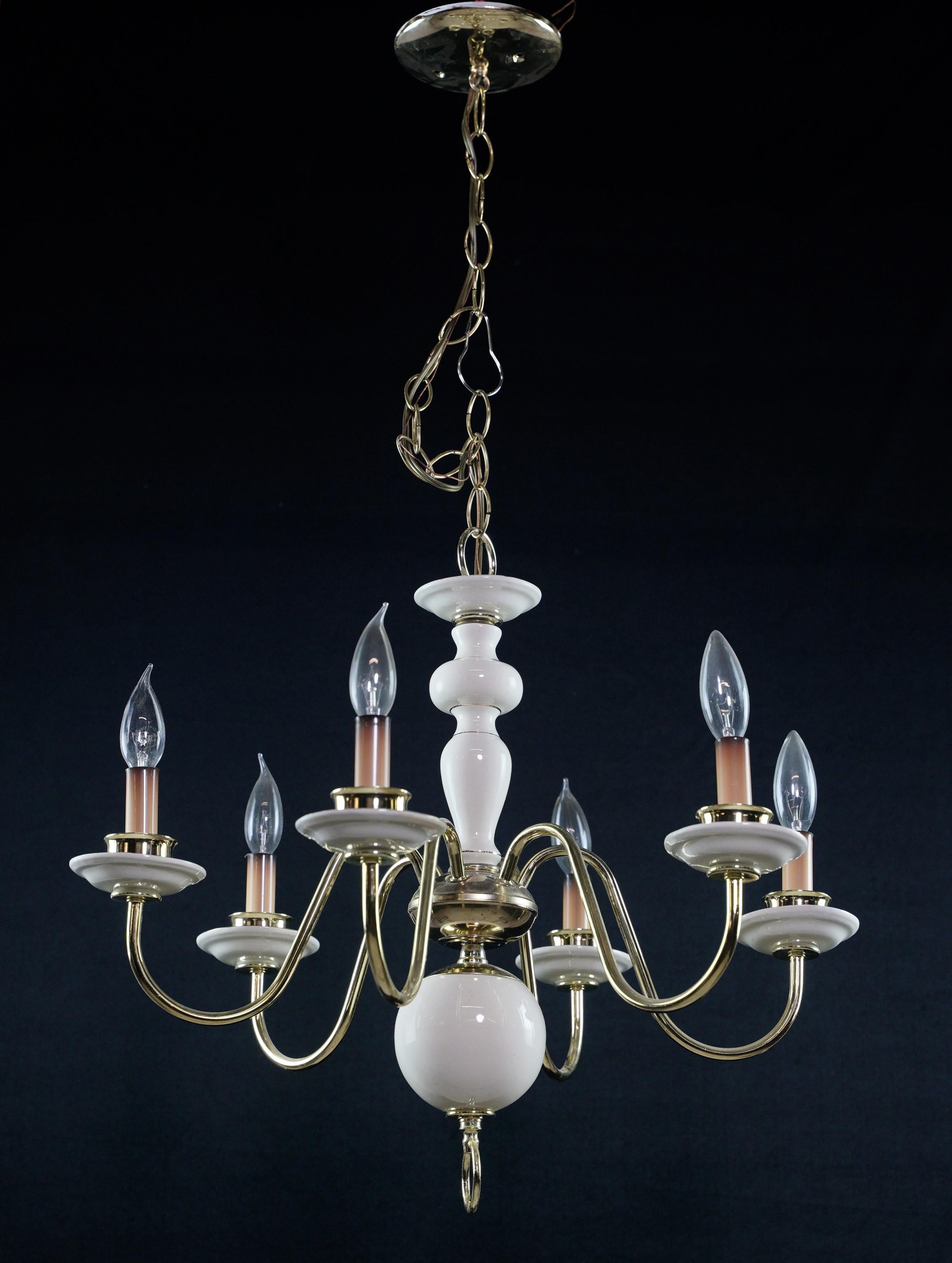Italian 6 Arm Brass Plated W White Porcelain Chandelier In Good Condition In New York, NY